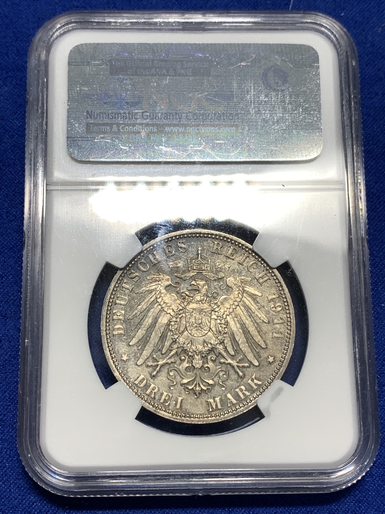 《竞宝斋》第179场-周日，周一2场 (全场包邮) NGC MS63 德国 1911年 巴伐利亚 3马克 银币 老彩包浆 PL状态