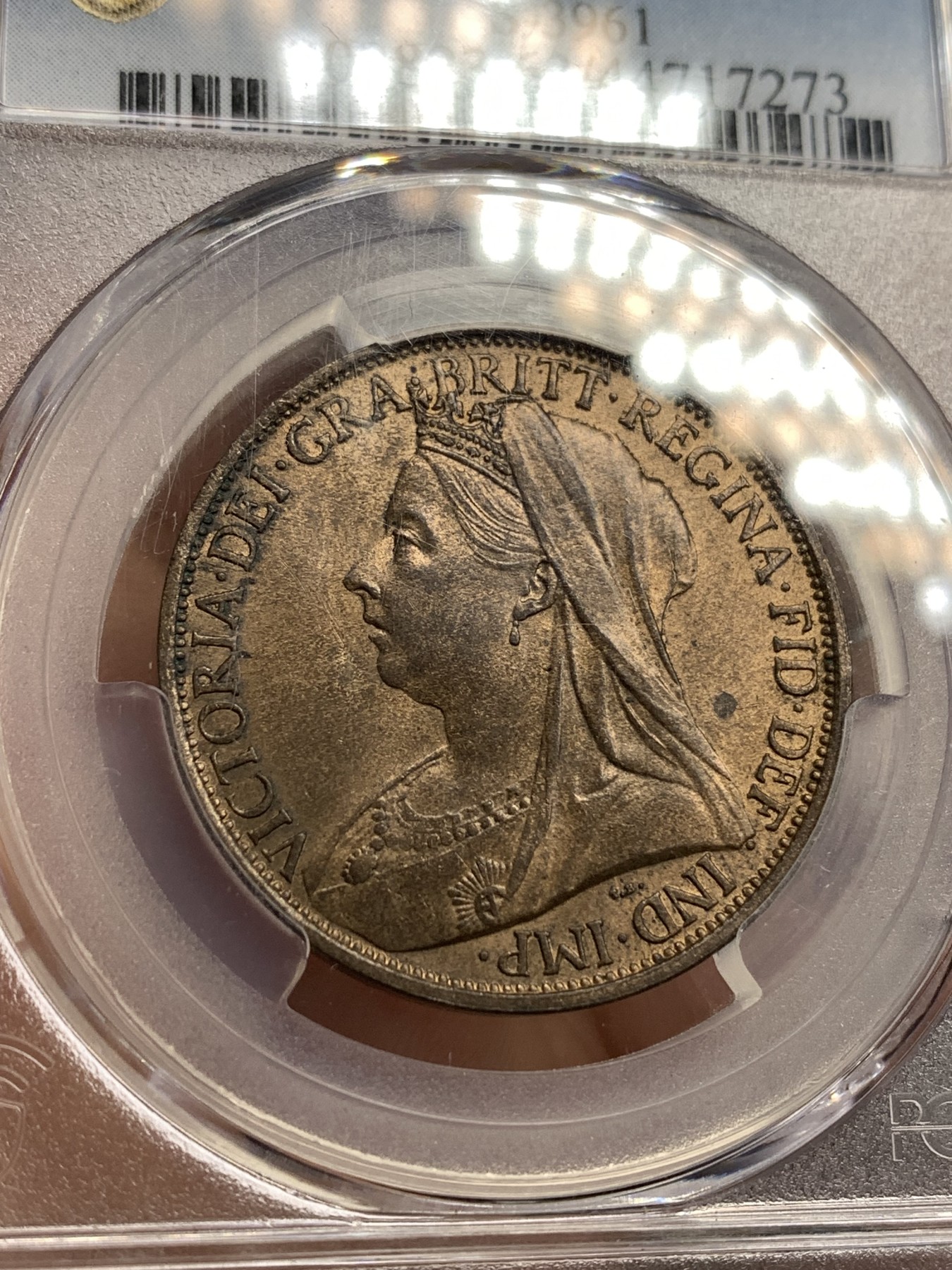 《竞宝斋》第179场-周日，周一2场 (全场包邮) PCGS MS63 RB 英国 1900 维多利亚 披纱版 1便士大铜币
