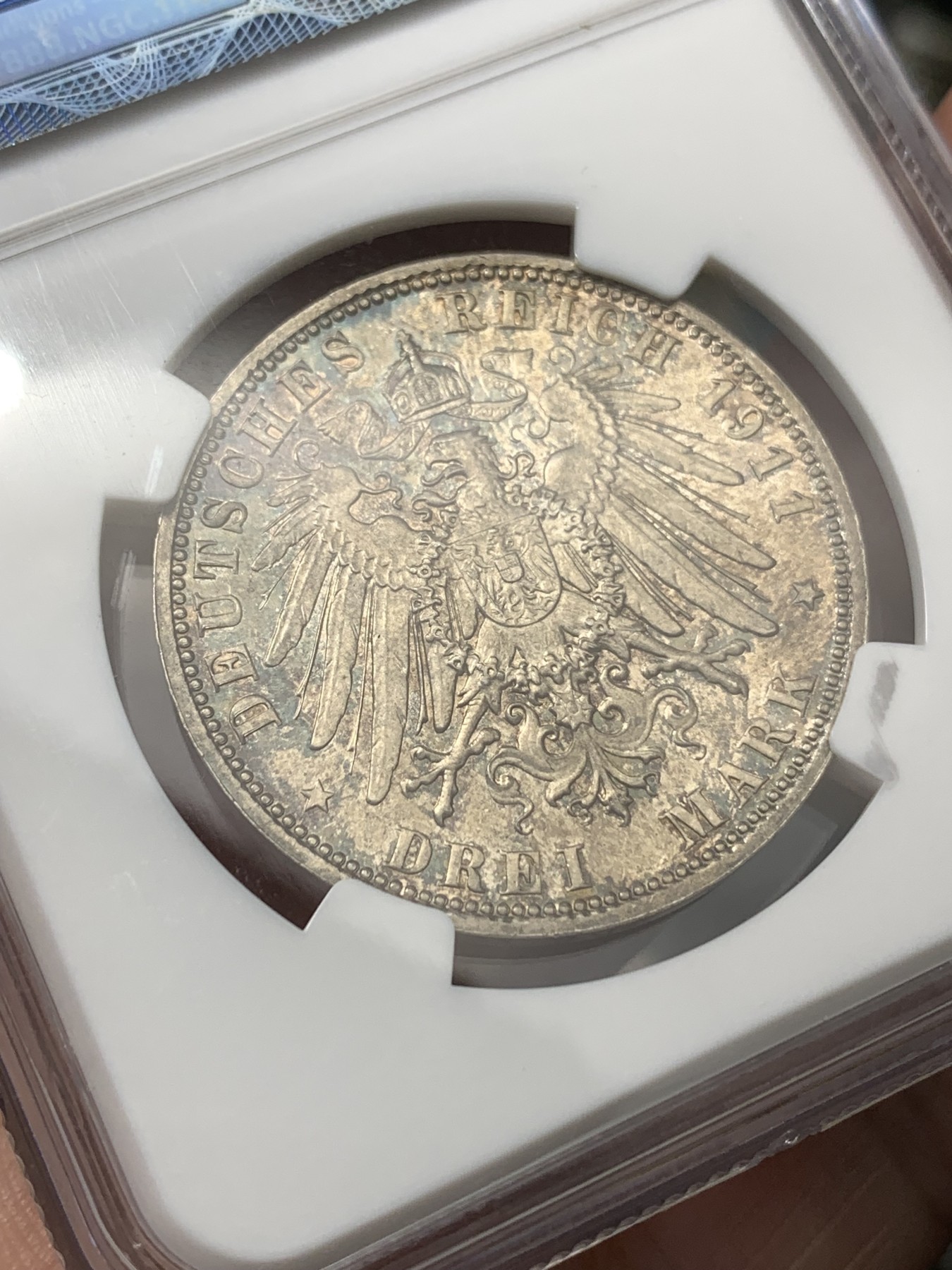 《竞宝斋》第179场-周日，周一2场 (全场包邮) NGC MS63 德国 1911年 巴伐利亚 3马克 银币 老彩包浆 PL状态