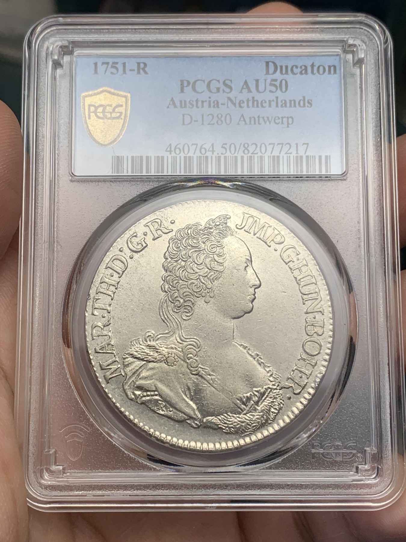 《竞宝斋》第179场-周日，周一2场 (全场包邮) PCGS AU50 1751奥属尼德兰大奶妈杜卡特银币，PCGS唯一冠军，比利时安特卫普厂生产，33.2克比普通泰勒重不少