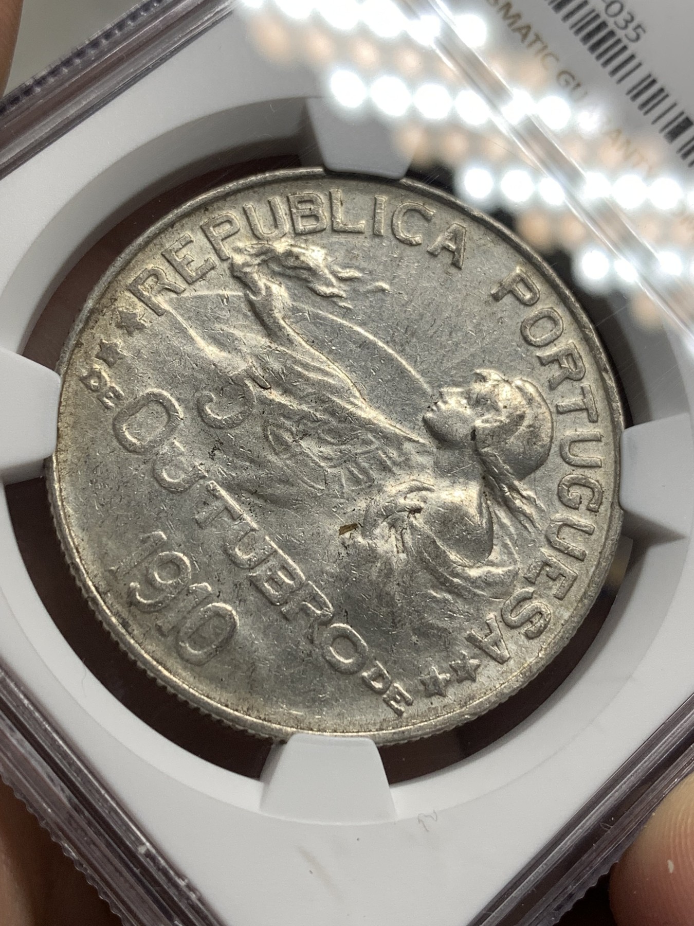 《竞宝斋》第179场-周日，周一2场 (全场包邮) NGC-AU53 葡萄牙1910年 半岛战争女神头像 1埃斯库多大银币 稀少品种