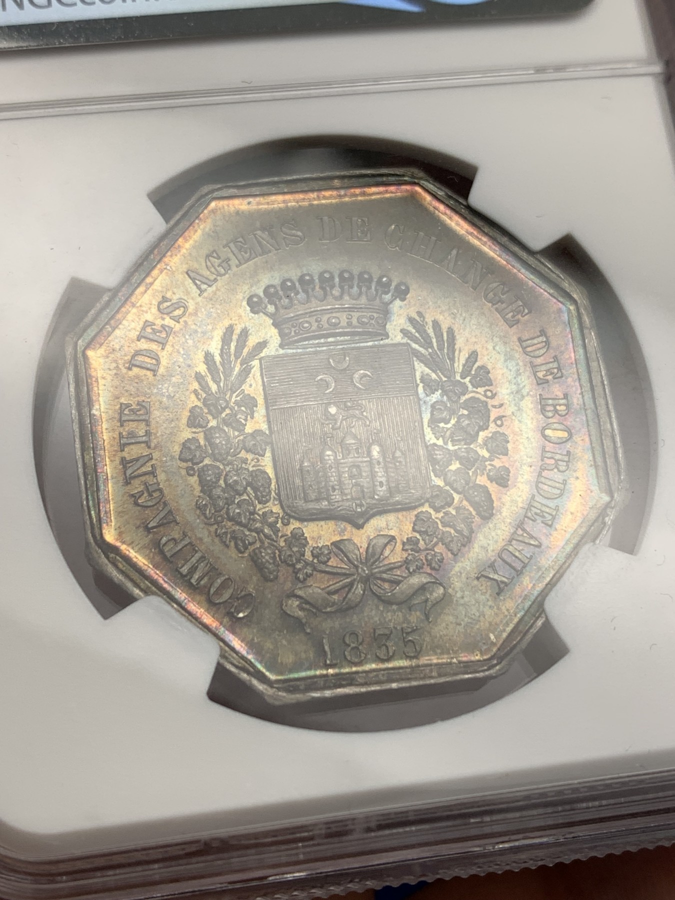 《竞宝斋》第179场-周日，周一2场 (全场包邮) NGC MS64 法国八角银质代币，波尔多股票经济公司，金黄包浆，状态极佳