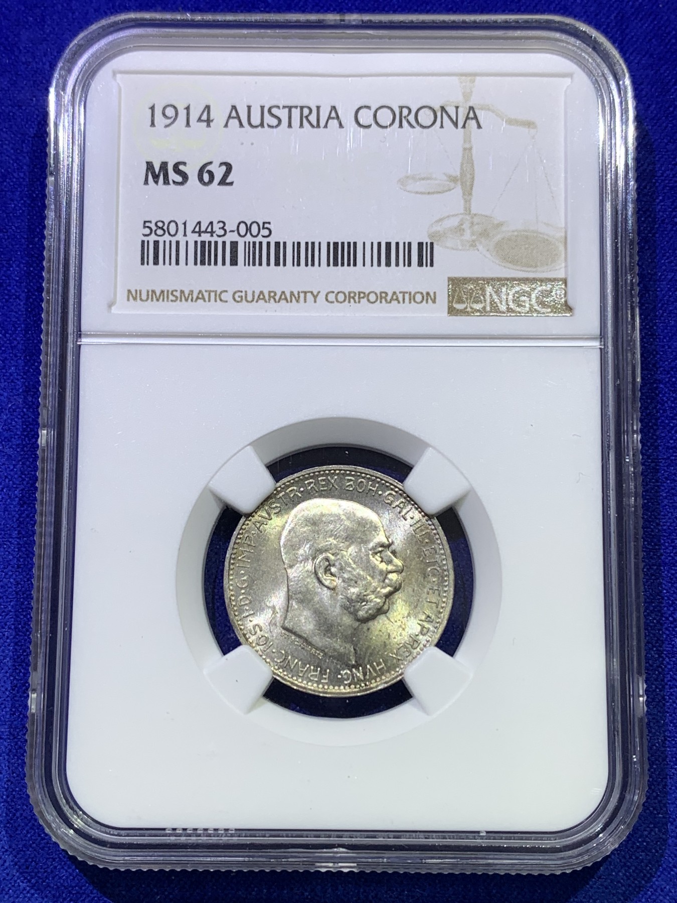《竞宝斋》第179场-周日，周一2场 (全场包邮) NGC MS62 1914年奥匈帝国皇帝约瑟夫二世1科罗纳银币，其皇储斐迪南大公被刺，导致第一次世界大战爆发