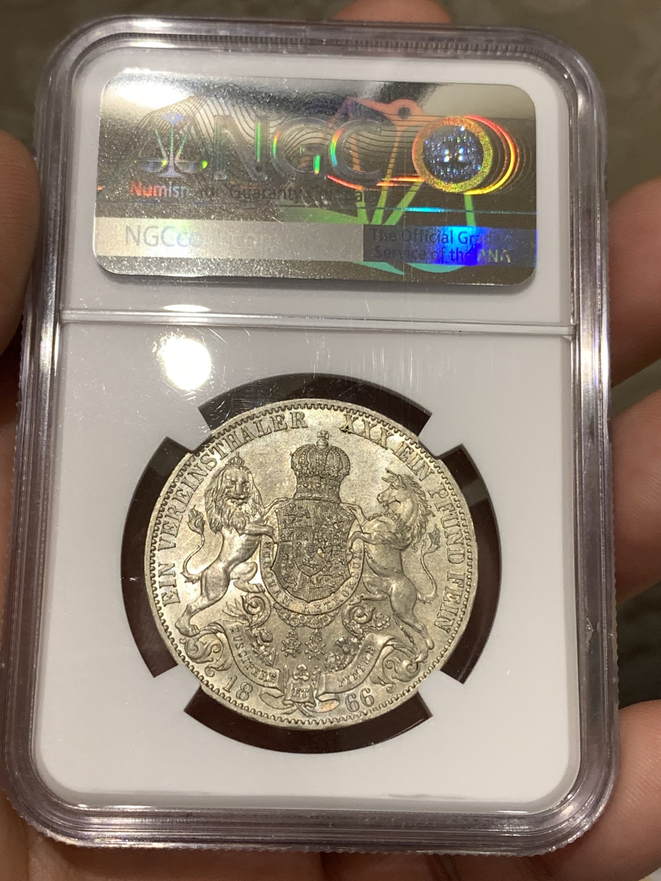 《竞宝斋》第179场-周日，周一2场 (全场包邮) NGCMS63 德国1866年汉诺威 双师泰勒银币 高分细节好