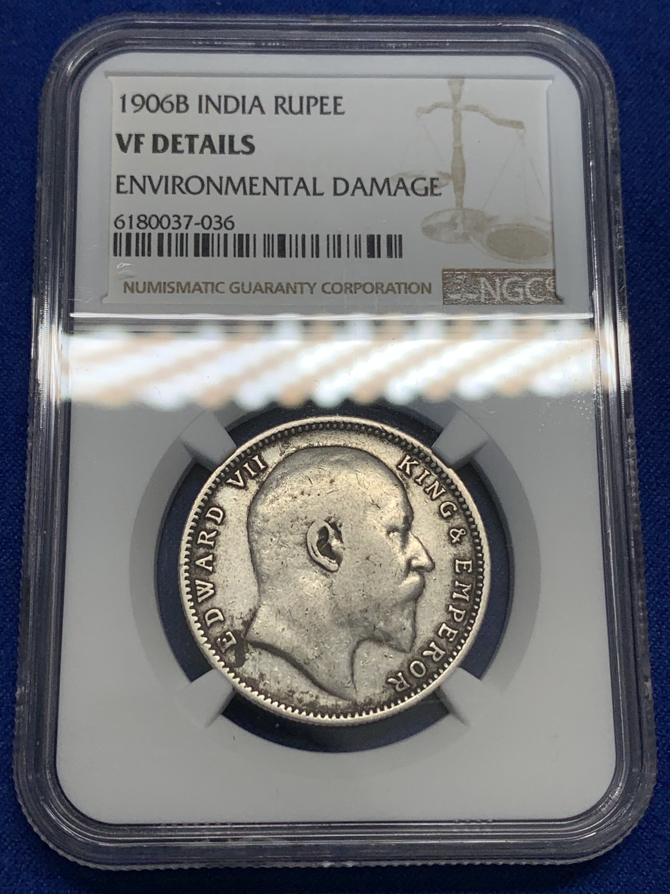 《竞宝斋》第179场-周日，周一2场 (全场包邮) NGC VF 英属印度1906年B版爱七1卢比银币 原味流通