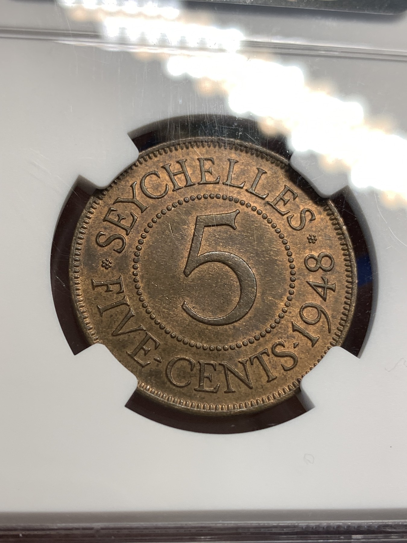 《竞宝斋》第179场-周日，周一2场 (全场包邮) NGC MS64RB 1948 英属塞舌尔乔治六世5分 铜币 仅发行一年