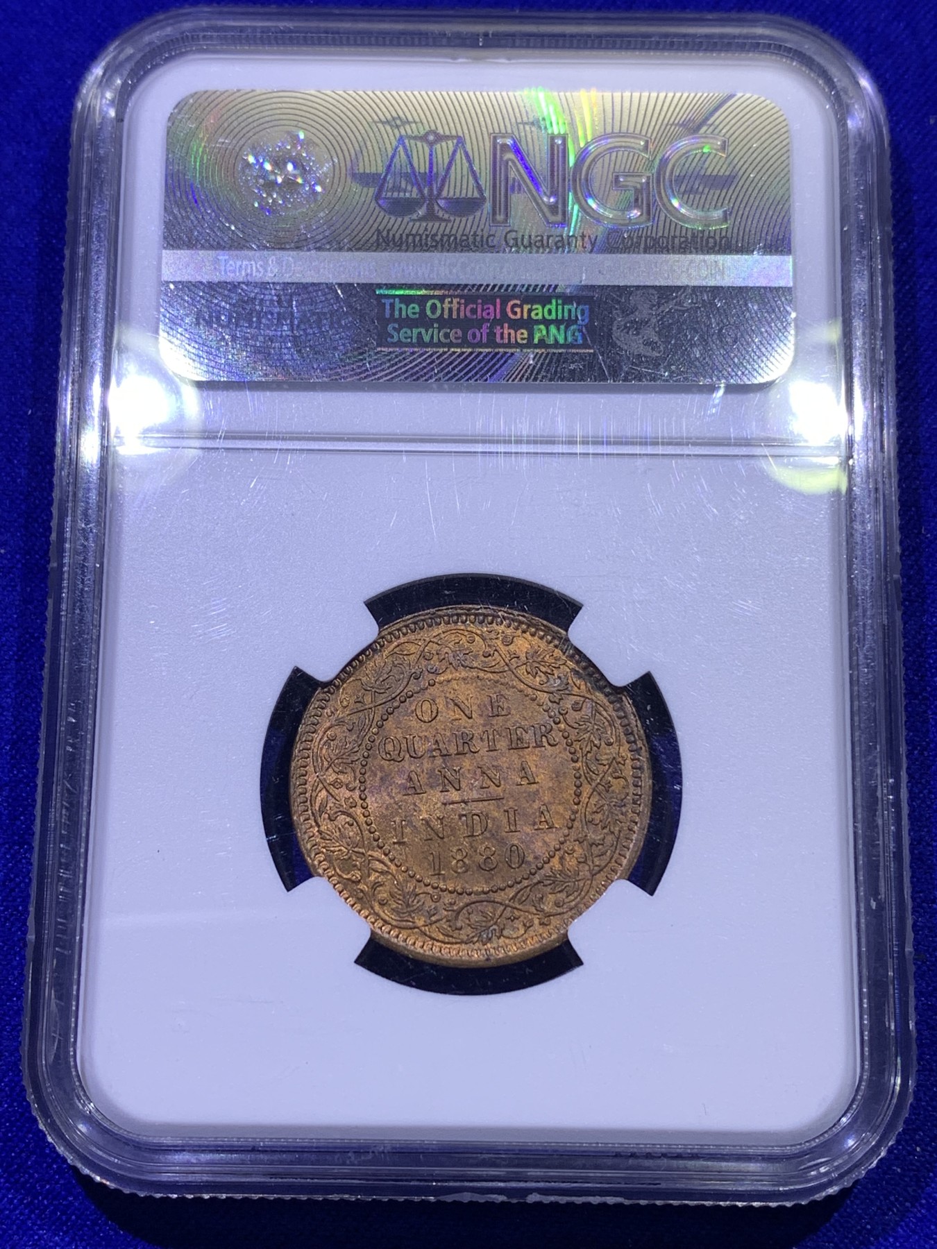 《竞宝斋》第179场-周日，周一2场 (全场包邮) NGC MS64RB 英属 印度1880年 维多利亚 1/4 ANNA铜币