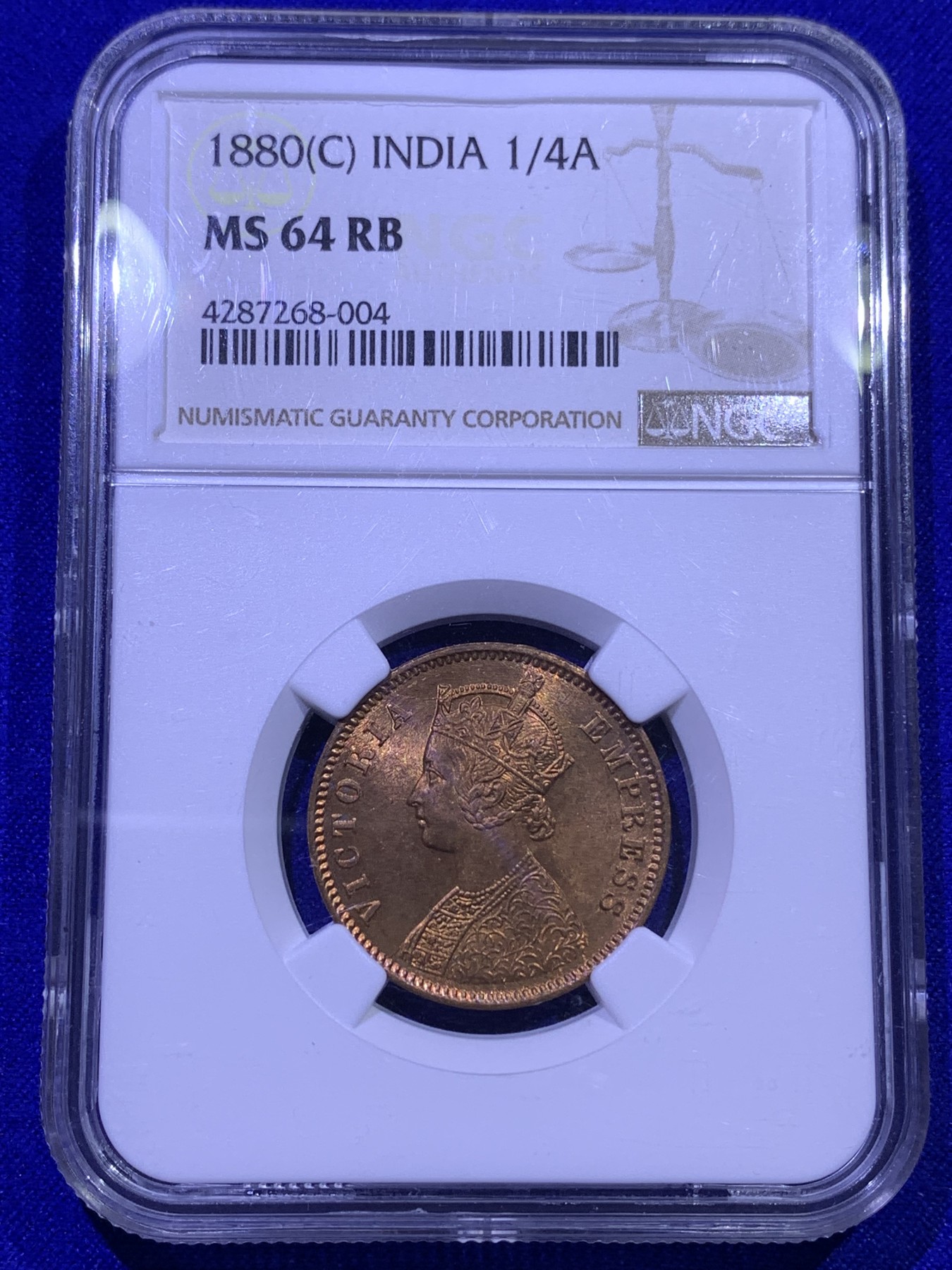 《竞宝斋》第179场-周日，周一2场 (全场包邮) NGC MS64RB 英属 印度1880年 维多利亚 1/4 ANNA铜币