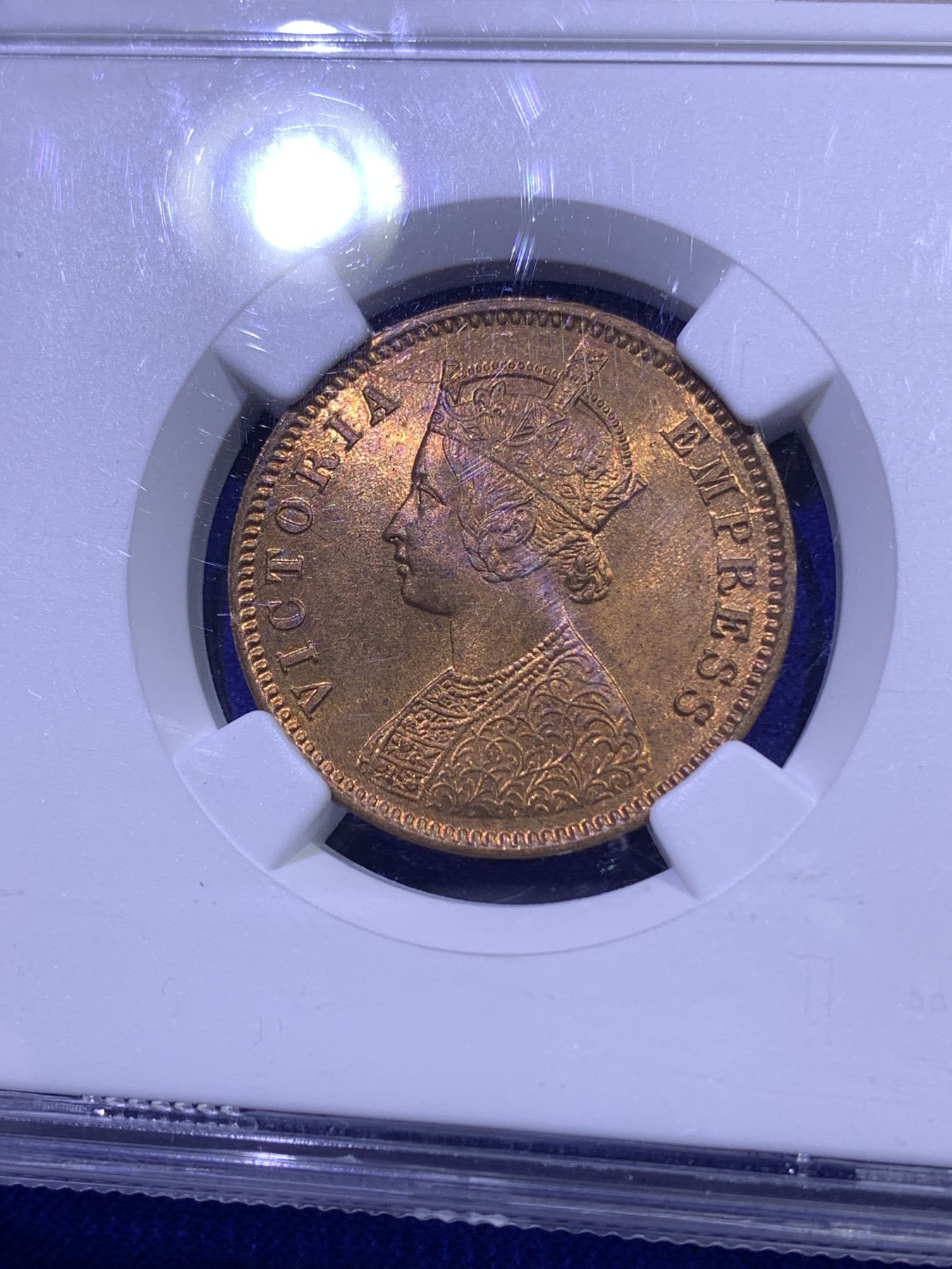 《竞宝斋》第179场-周日，周一2场 (全场包邮) NGC MS64RB 英属 印度1880年 维多利亚 1/4 ANNA铜币