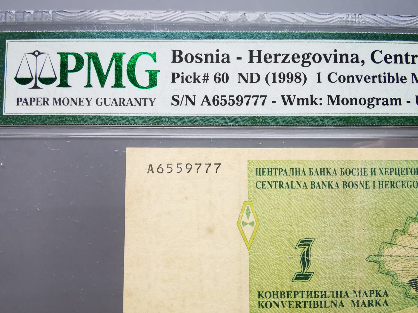 《崇甫堂》-PMG评级波兰纸钞VII PMG-20 首发A冠撤销发行 波黑1998年1马克 豹子号777 稀少品种