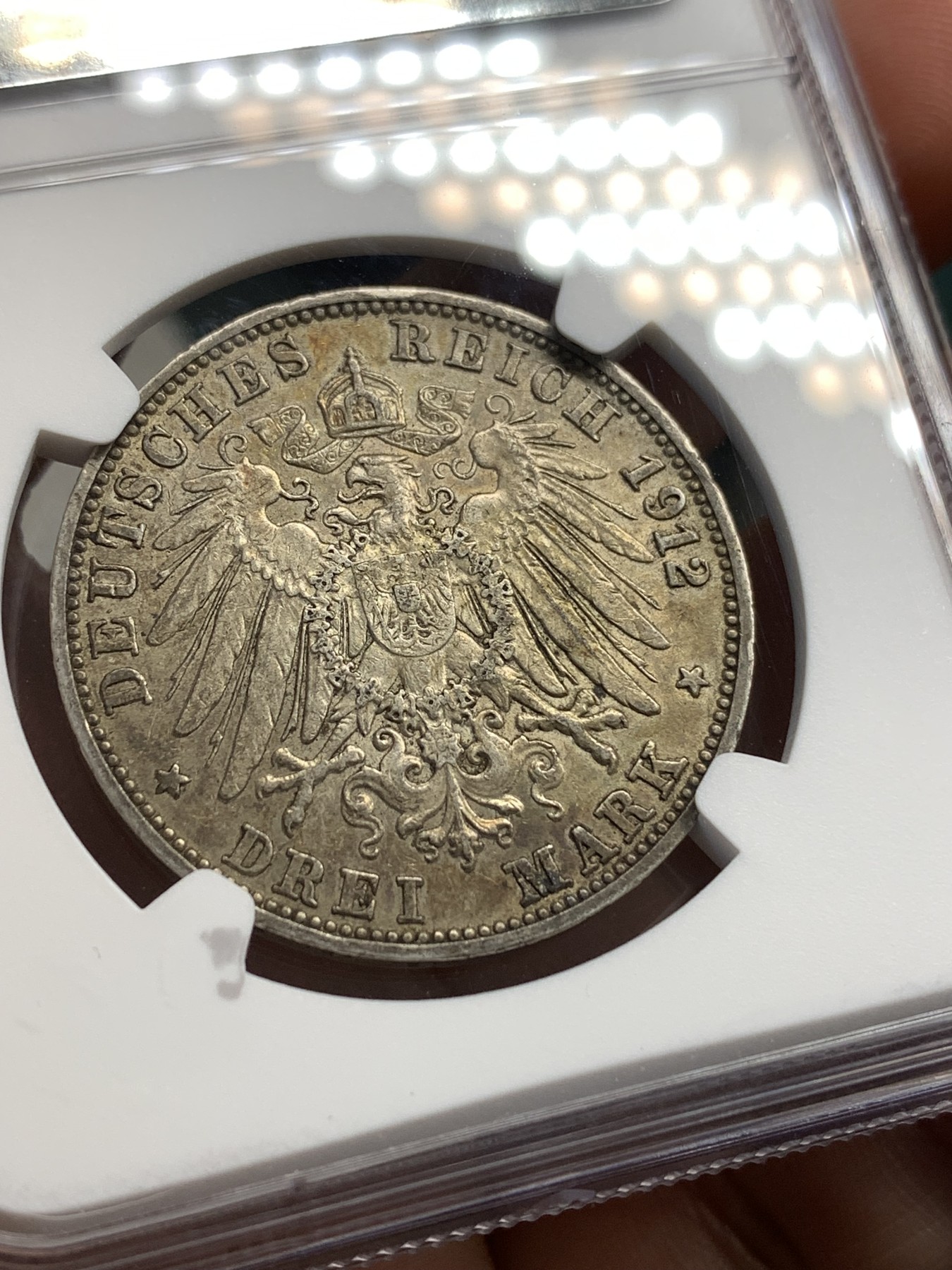 《竞宝斋》第179场-周日，周一2场 (全场包邮) NGC AU58 德国 巴登 1912年 3马克 银币 包浆细节好