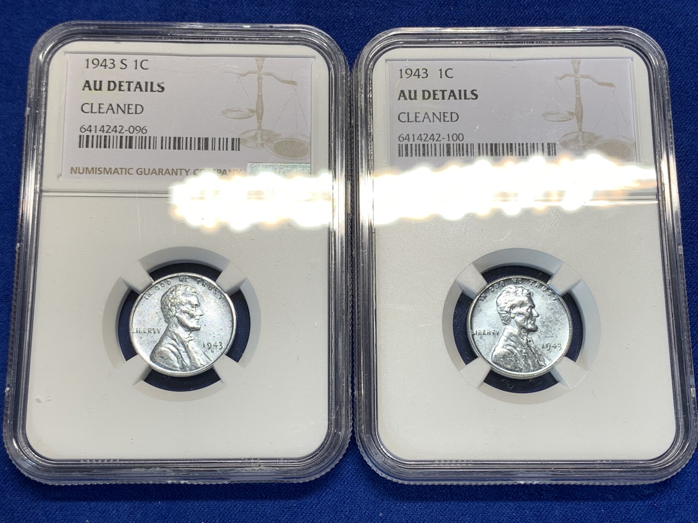 《竞宝斋》第179场-周日，周一2场 (全场包邮) 2枚一起 NGC AU 美国 1943年 林肯铁分 单一发行年份 二战损耗大 保留的不错