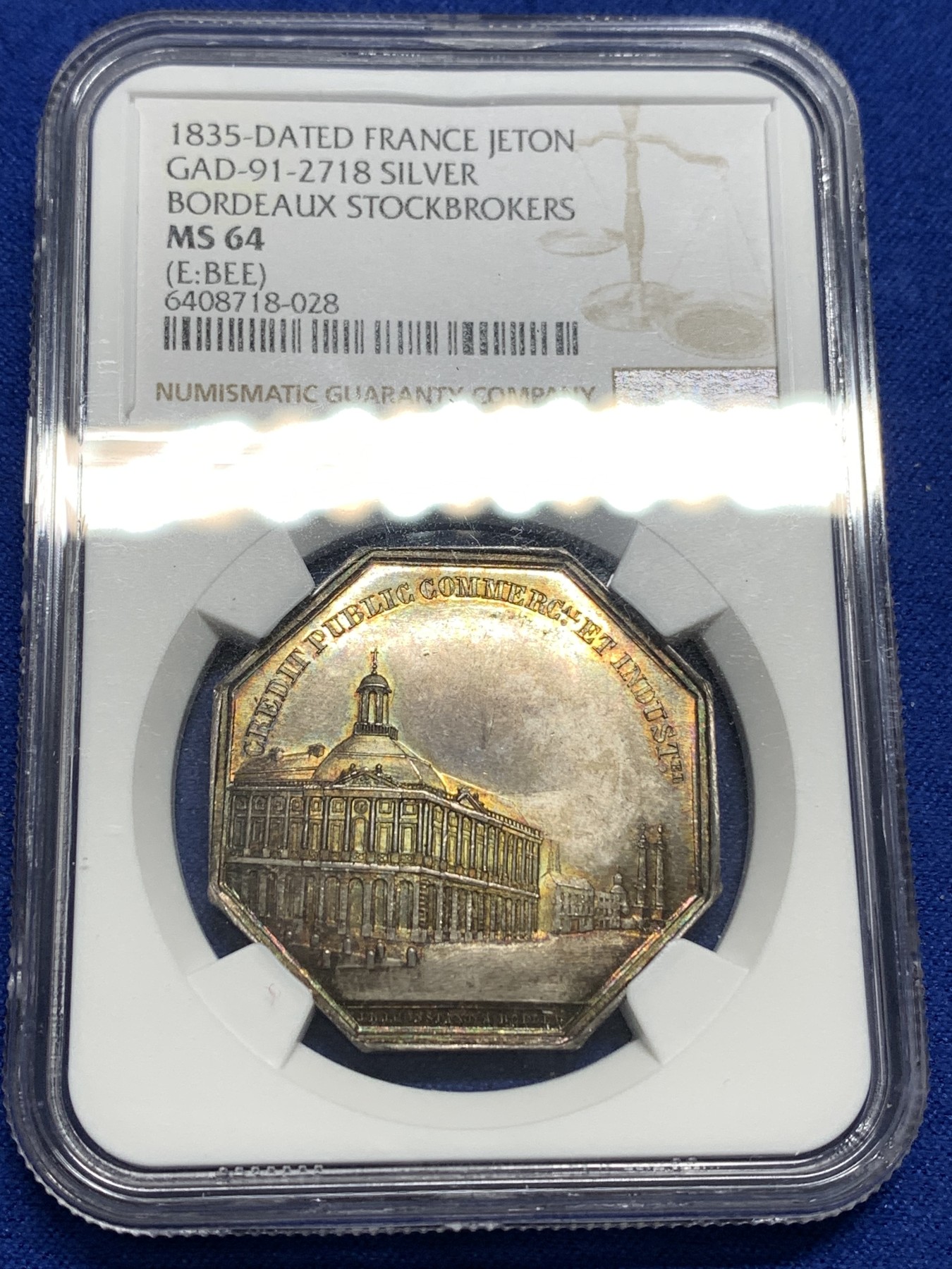 《竞宝斋》第179场-周日，周一2场 (全场包邮) NGC MS64 法国八角银质代币，波尔多股票经济公司，金黄包浆，状态极佳