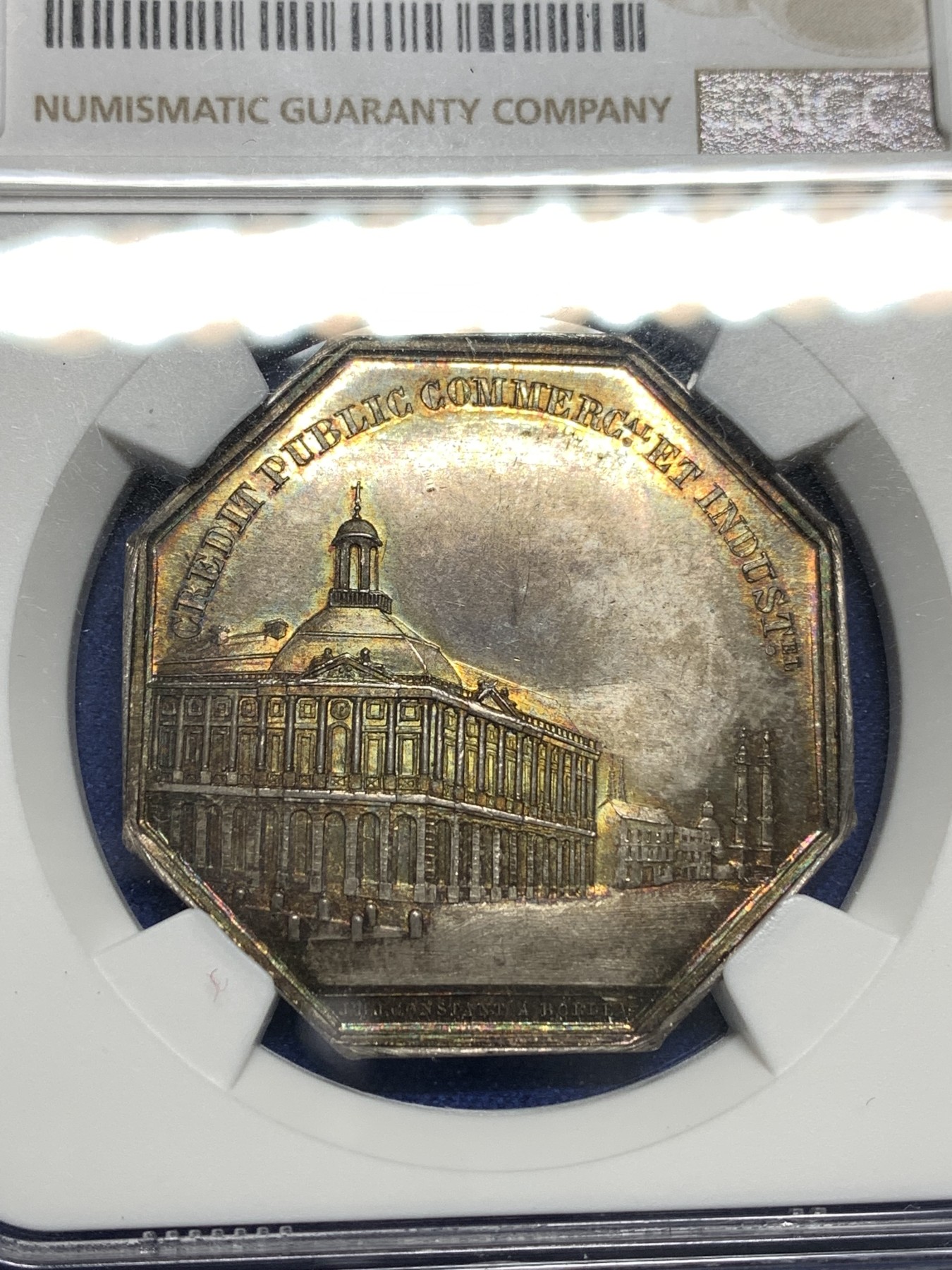 《竞宝斋》第179场-周日，周一2场 (全场包邮) NGC MS64 法国八角银质代币，波尔多股票经济公司，金黄包浆，状态极佳