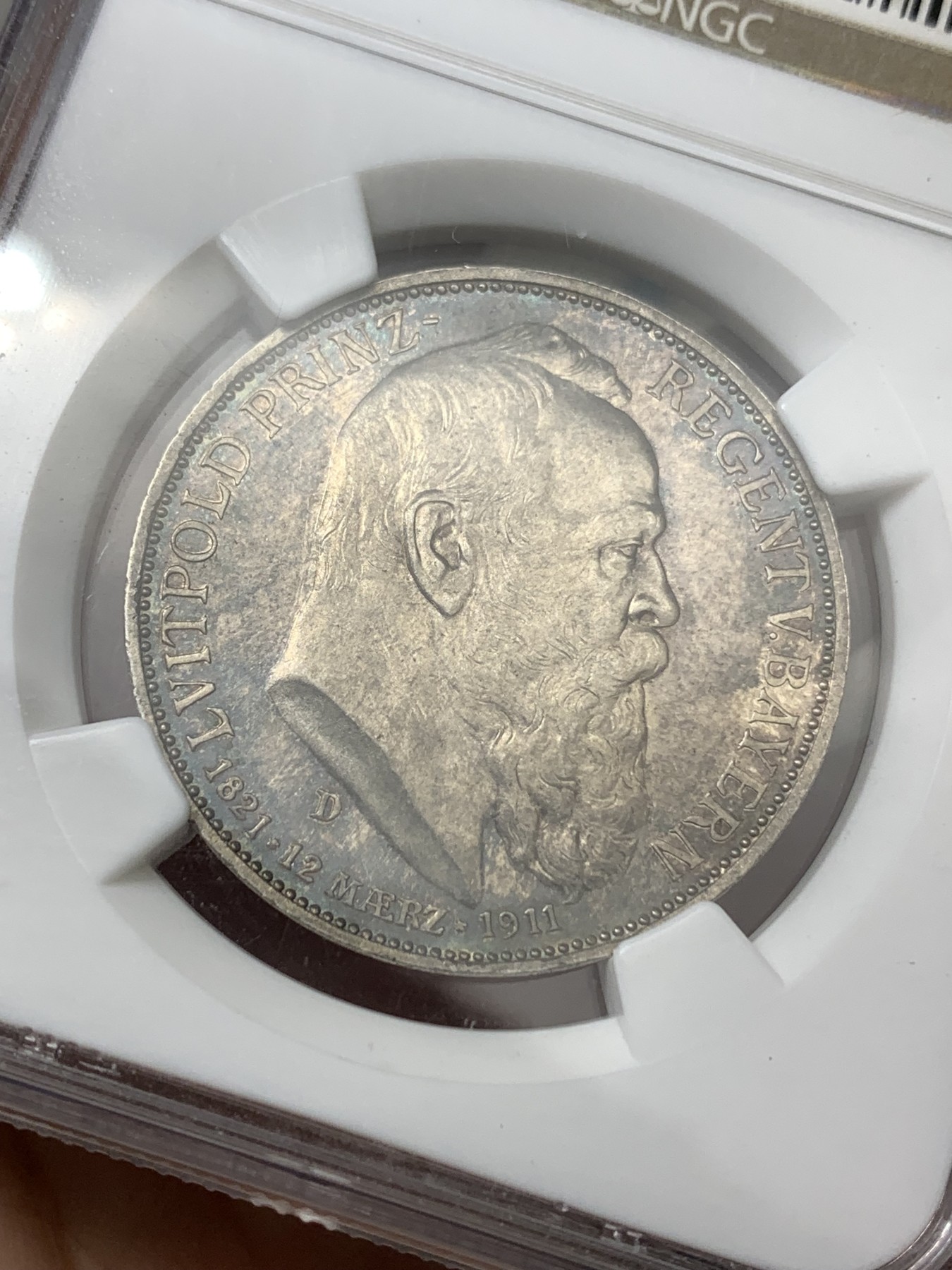 《竞宝斋》第179场-周日，周一2场 (全场包邮) NGC MS63 德国 1911年 巴伐利亚 3马克 银币 老彩包浆 PL状态