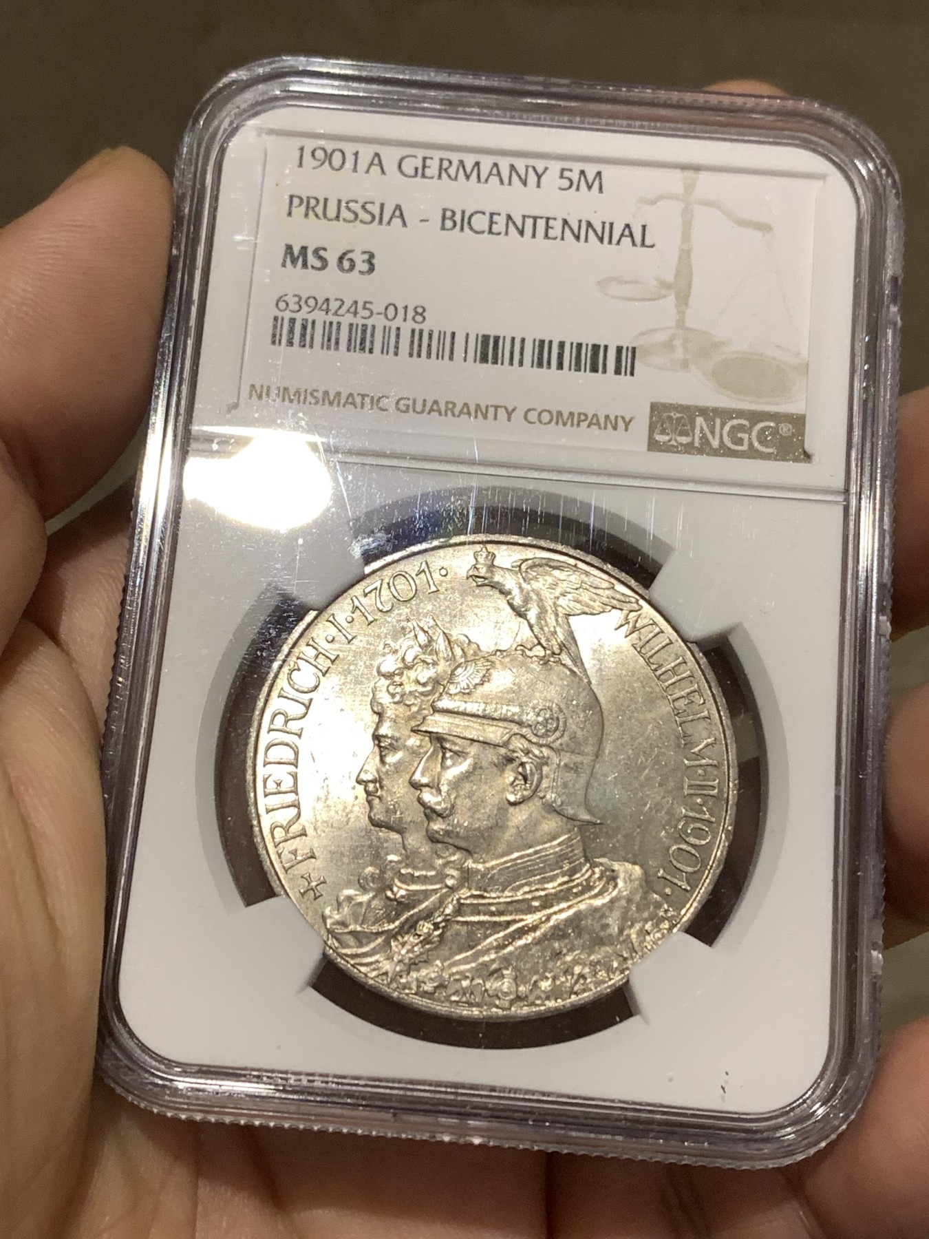 《竞宝斋》第179场-周日，周一2场 (全场包邮) NGC MS63 德国普鲁士1901年 军装两百周年纪念 5马克大银币