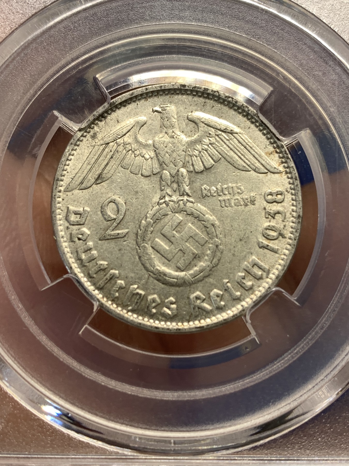 《竞宝斋》第179场-周日，周一2场 (全场包邮) 保粹-AU95 1938 德国 兴登堡 带字2马克 银币