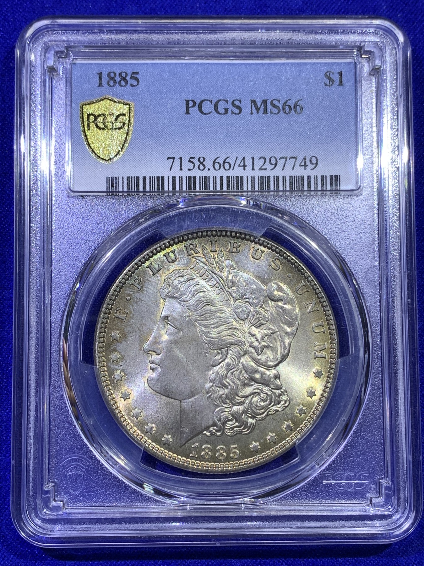 《竞宝斋》第179场-周日，周一2场 (全场包邮) PCGS MS66 美国 1885年 五彩 摩根银元 双面包浆美丽 高分状态 细节不言而喻