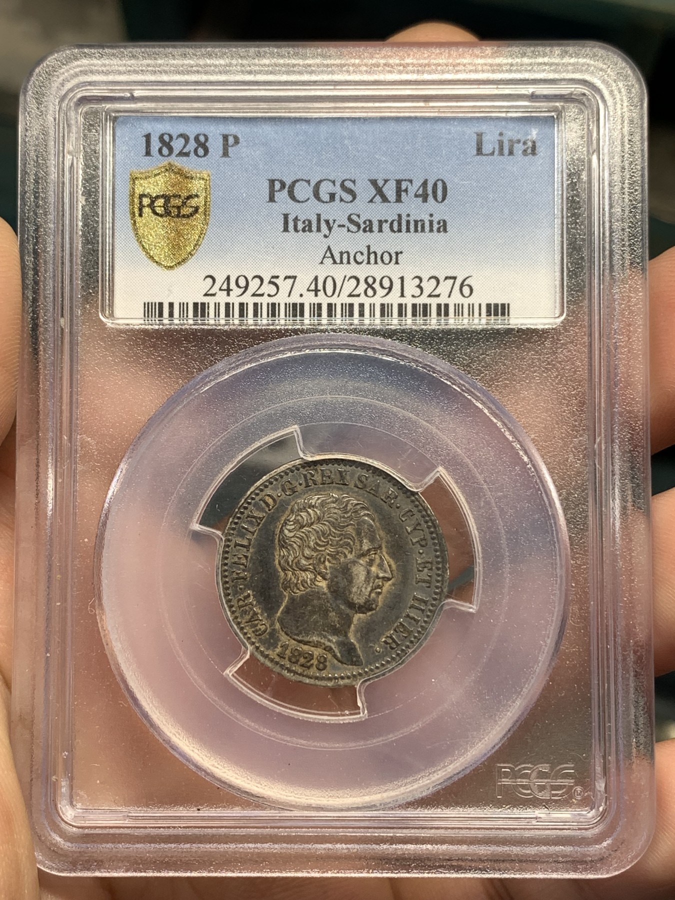 《竞宝斋》第179场-周日，周一2场 (全场包邮) 唯一冠军分 PCGS XF40 意大利 1828年 撒丁王国卡洛费利切1里拉 黑漆古包浆 小面值极少