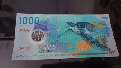 【世界钱币】精选微拍第64期暨2023年第十一期 裸钞专场（有最新展会卖剩品种） 2015年马尔代夫1000拉菲亚 A冠全新绝品无47尾号1983（生年号）