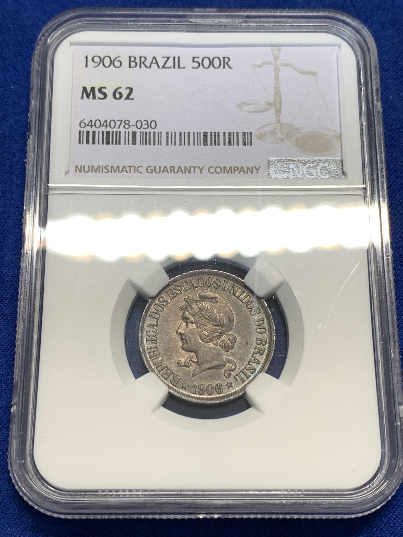 《竞宝斋》第179场-周日，周一2场 (全场包邮) NGC-MS62 巴西联邦 1906年 500R 银币 紫色包浆 少见品种