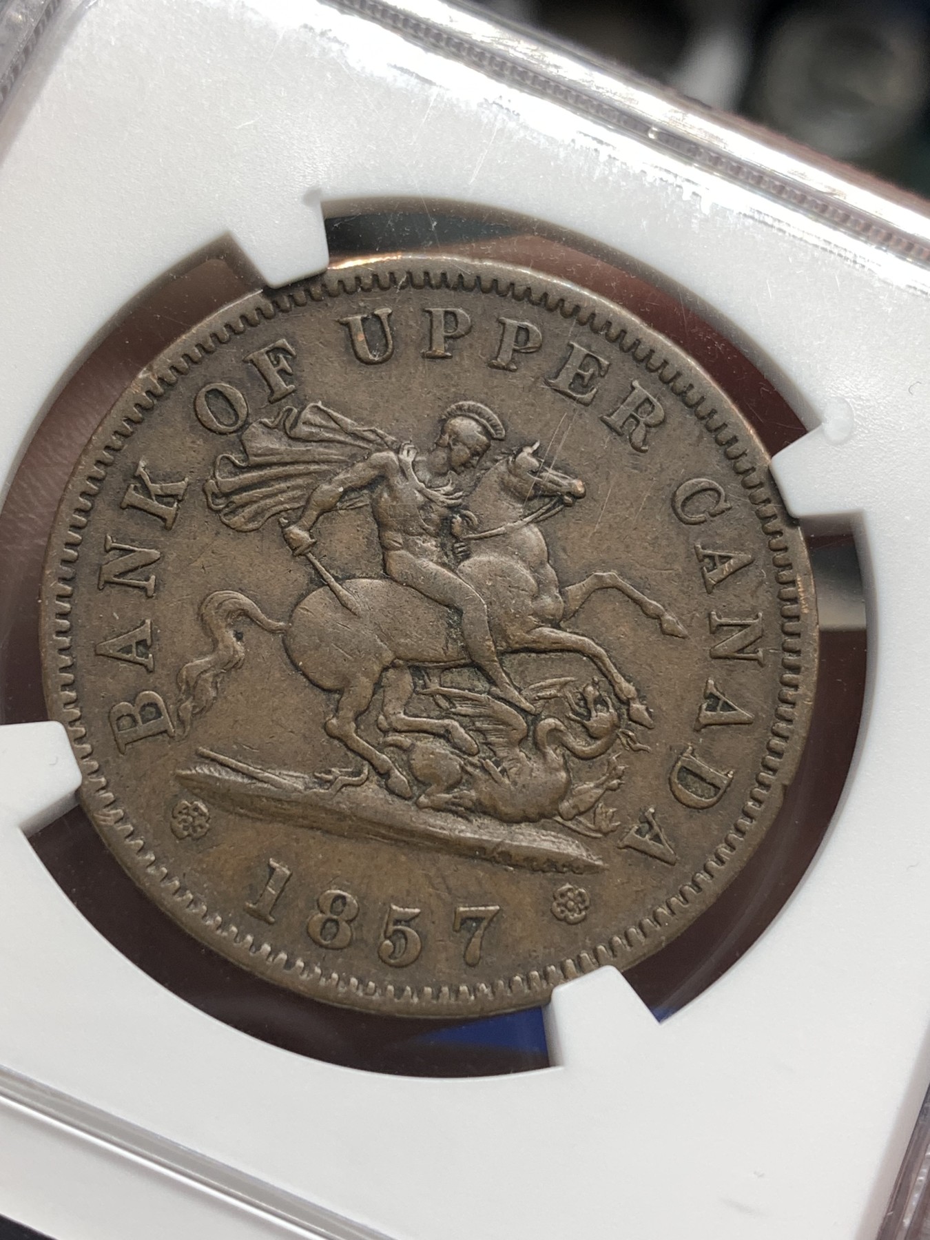 《竞宝斋》第179场-周日，周一2场 (全场包邮) NGC AU53BN 加拿大 1857年 马剑1便士大铜币 少见大规格代币