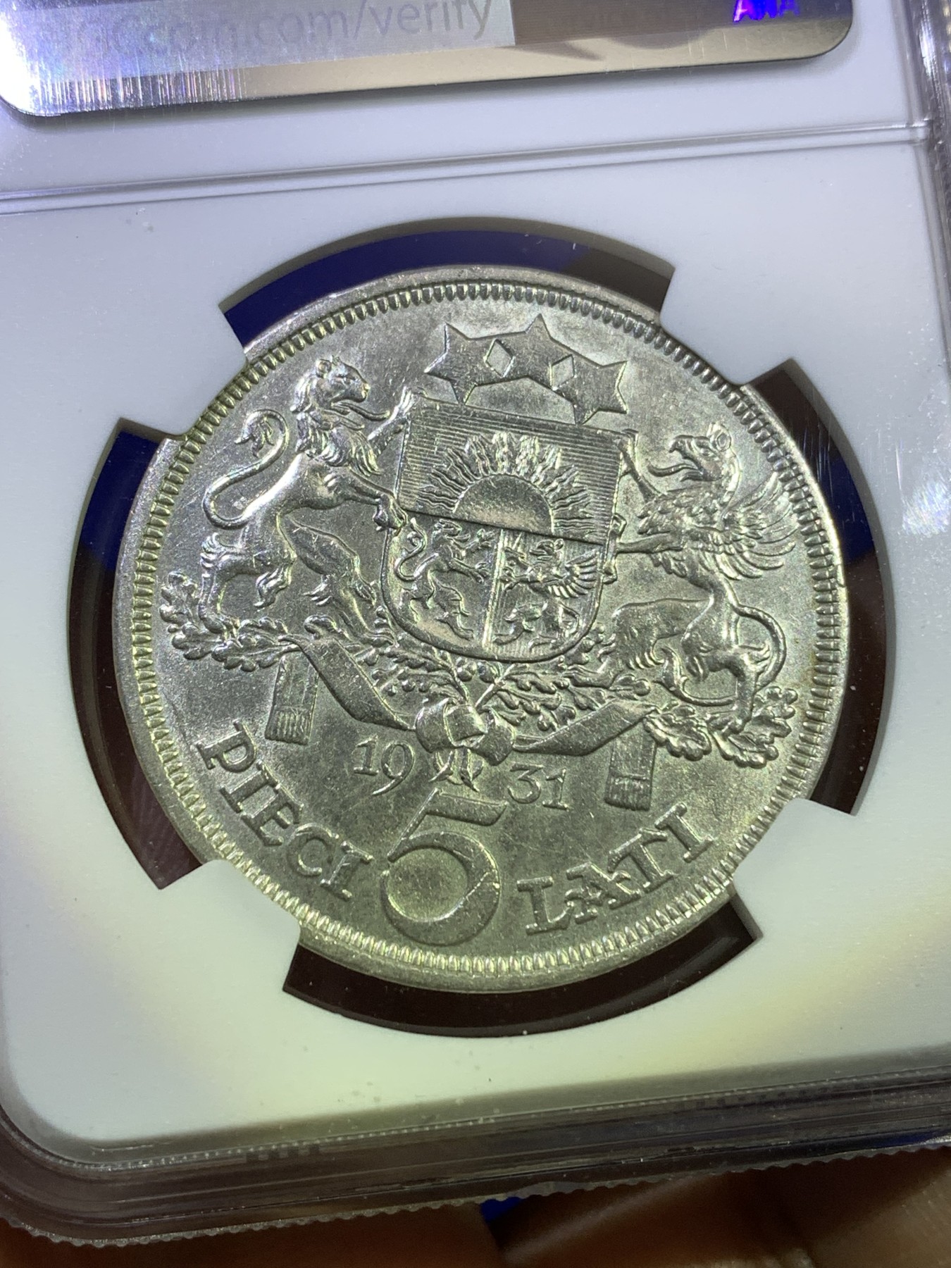 《竞宝斋》第179场-周日，周一2场 (全场包邮) NGC UNC 拉脱维亚 1931年 5拉特大银币