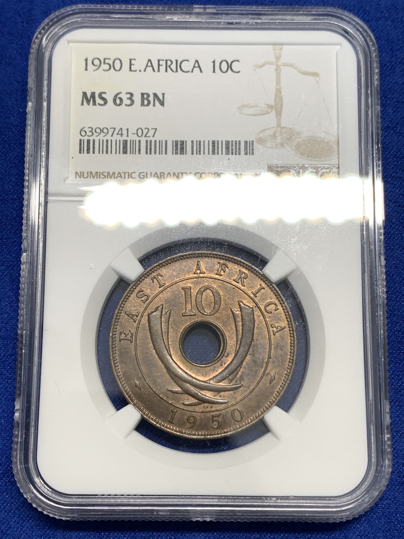 《竞宝斋》第179场-周日，周一2场 (全场包邮) NGC MS63BN 英属东非1950年10分铜币