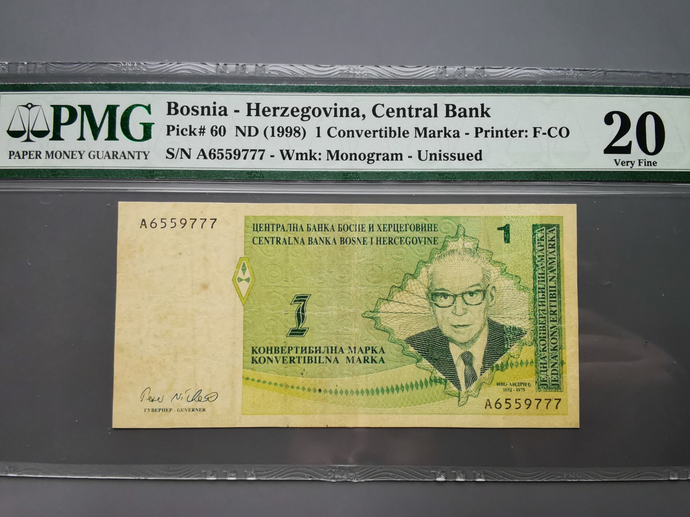 《崇甫堂》-PMG评级波兰纸钞VII PMG-20 首发A冠撤销发行 波黑1998年1马克 豹子号777 稀少品种