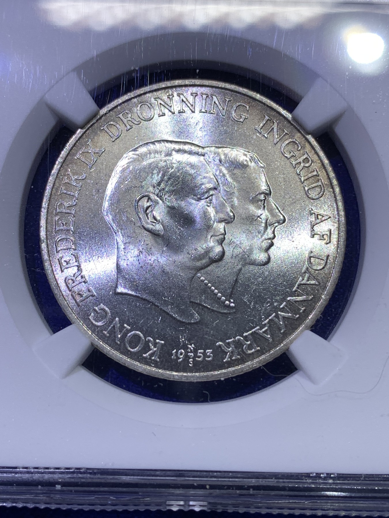 《竞宝斋》第179场-周日，周一2场 (全场包邮) NGC MS62 1953年丹麦弗雷德里克九世2克朗银币，背面是格林兰岛，独年份，发行量较少