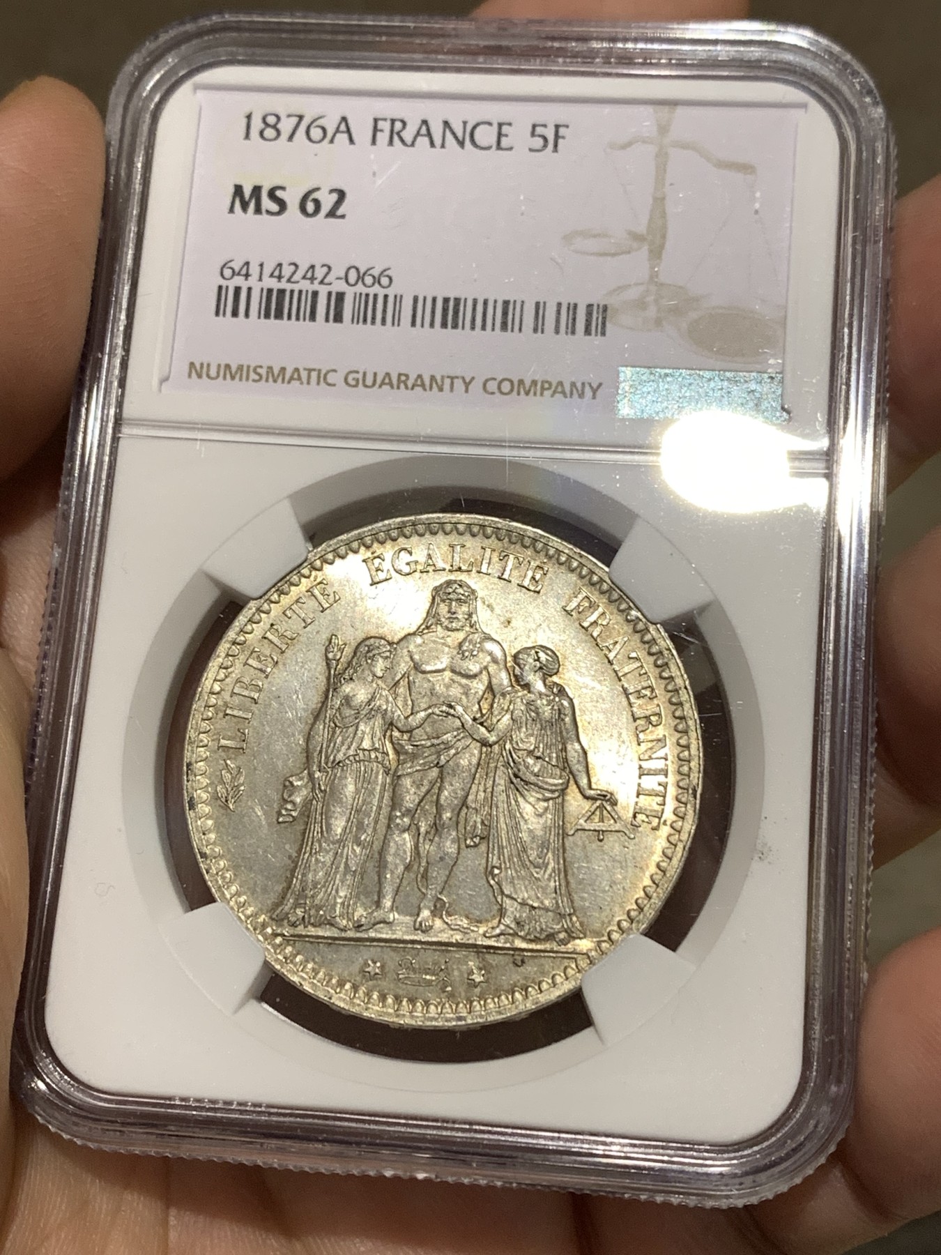 《竞宝斋》第179场-周日，周一2场 (全场包邮) NGC MS62 法国 1876年 大力神 5法郎银币 稀少年份 MS非常难得