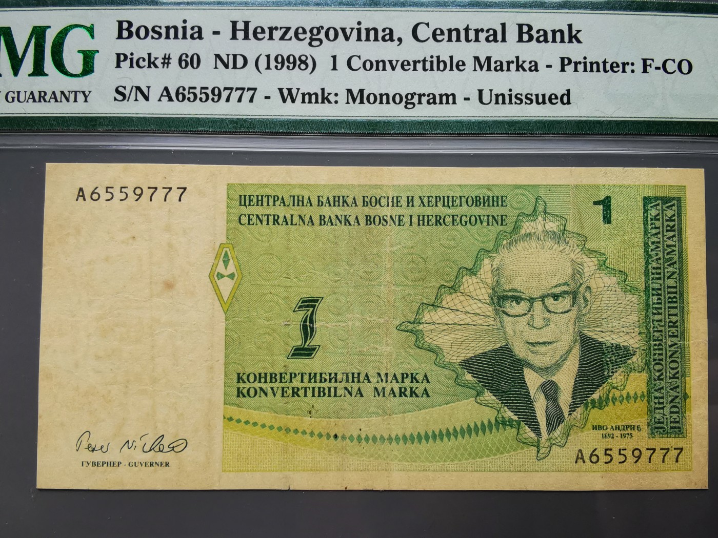 《崇甫堂》-PMG评级波兰纸钞VII PMG-20 首发A冠撤销发行 波黑1998年1马克 豹子号777 稀少品种