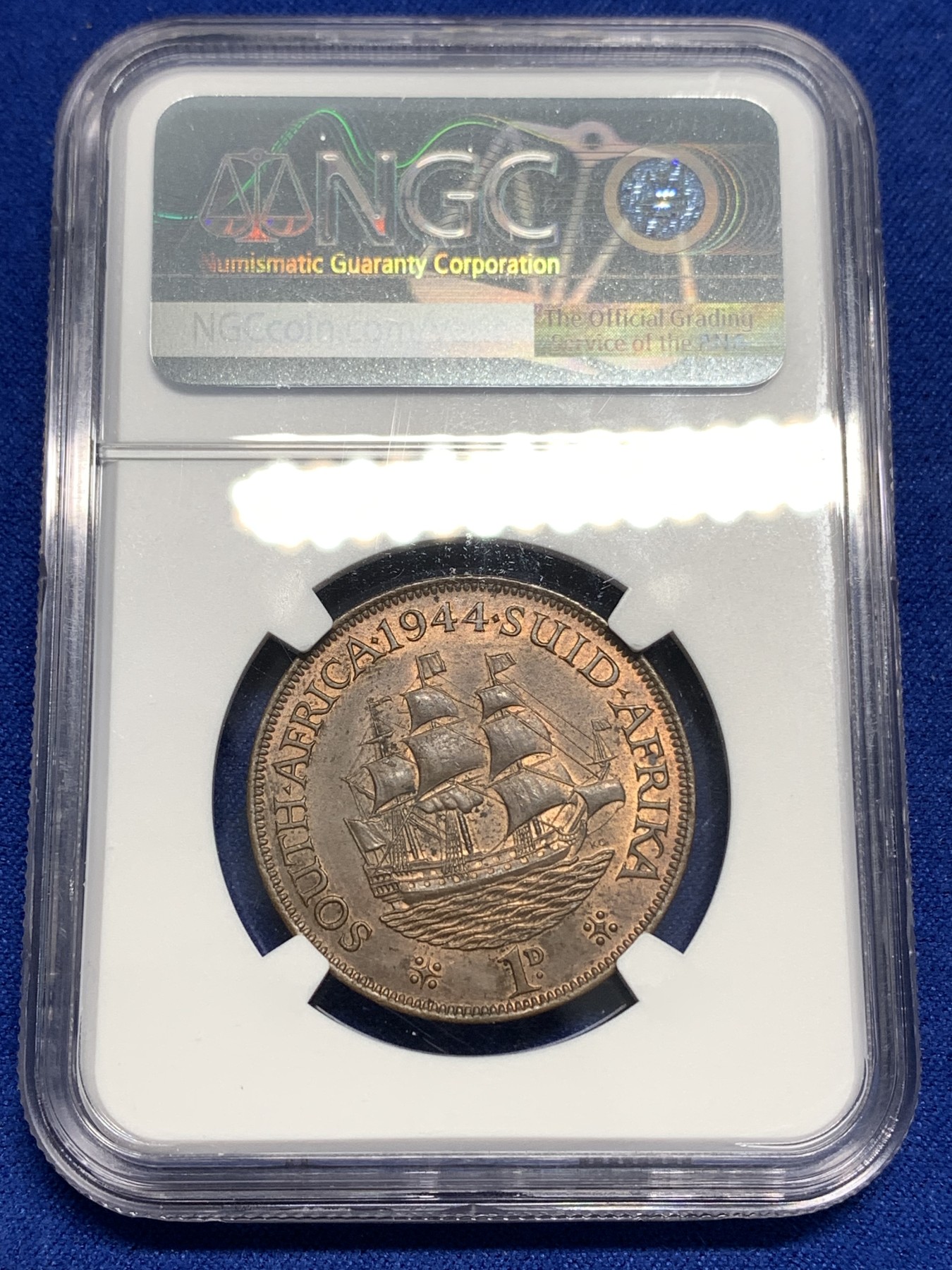 《竞宝斋》第179场-周日，周一2场 (全场包邮) NGC-MS63BN 1944年南非乔六1便士 光泽温润 帆船