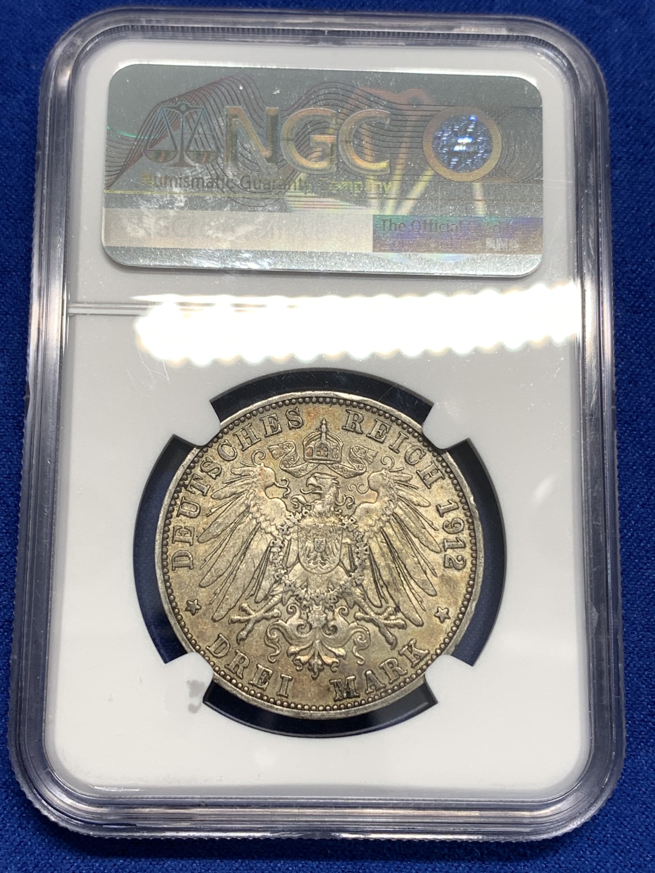 《竞宝斋》第179场-周日，周一2场 (全场包邮) NGC AU58 德国 巴登 1912年 3马克 银币 包浆细节好