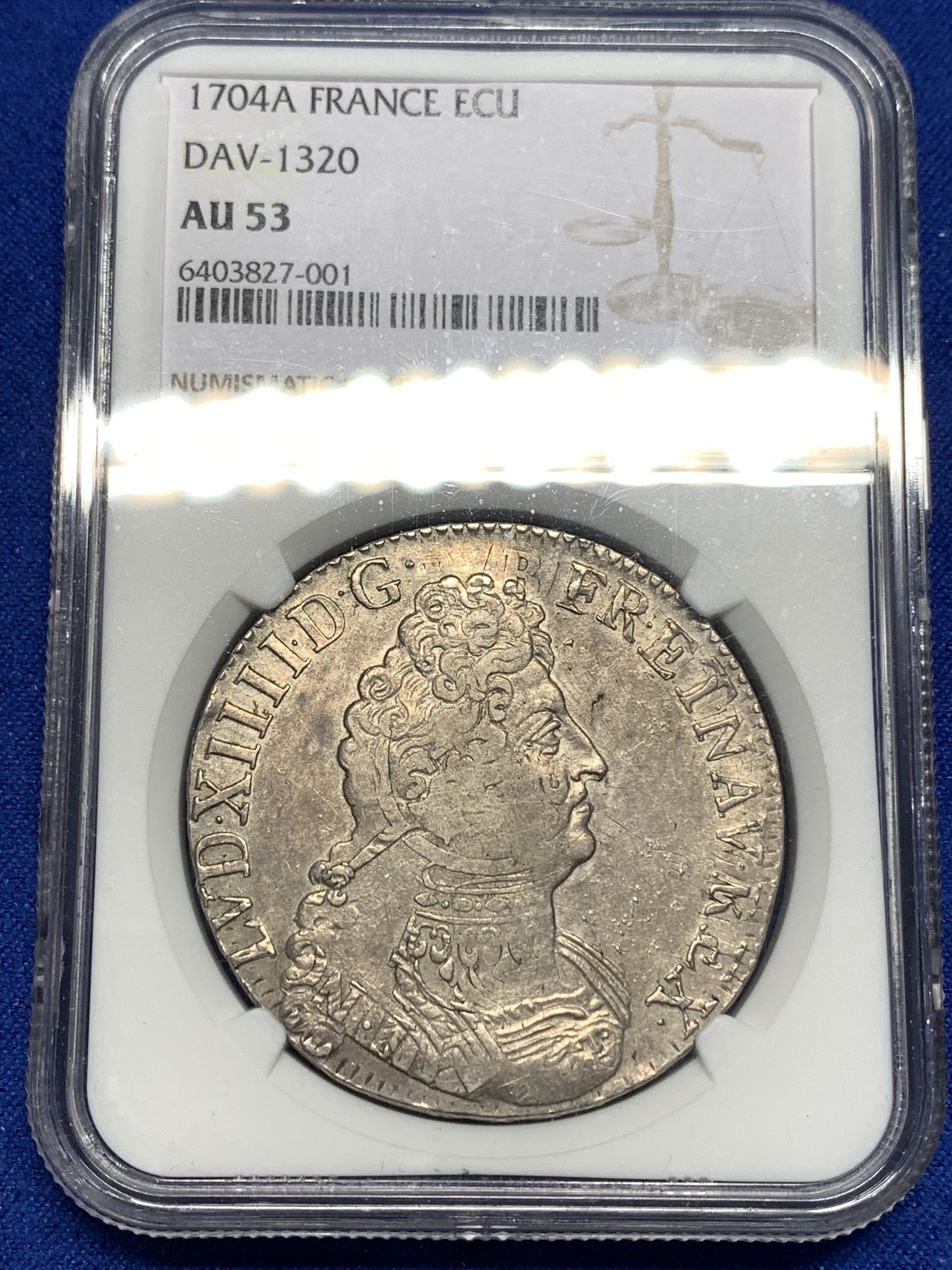 《竞宝斋》第179场-周日，周一2场 (全场包邮) NGC AU53 1704 法国太阳王路易十四1埃居大银币，更高分仅有5枚