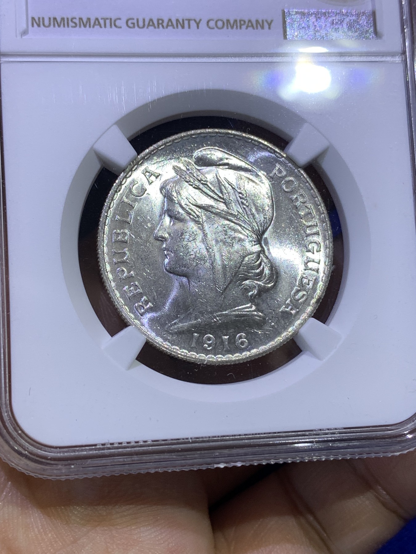 《竞宝斋》第179场-周日，周一2场 (全场包邮) NGC-MS62 葡萄牙1916年 女神头像 半圆银币 顶级原光好品