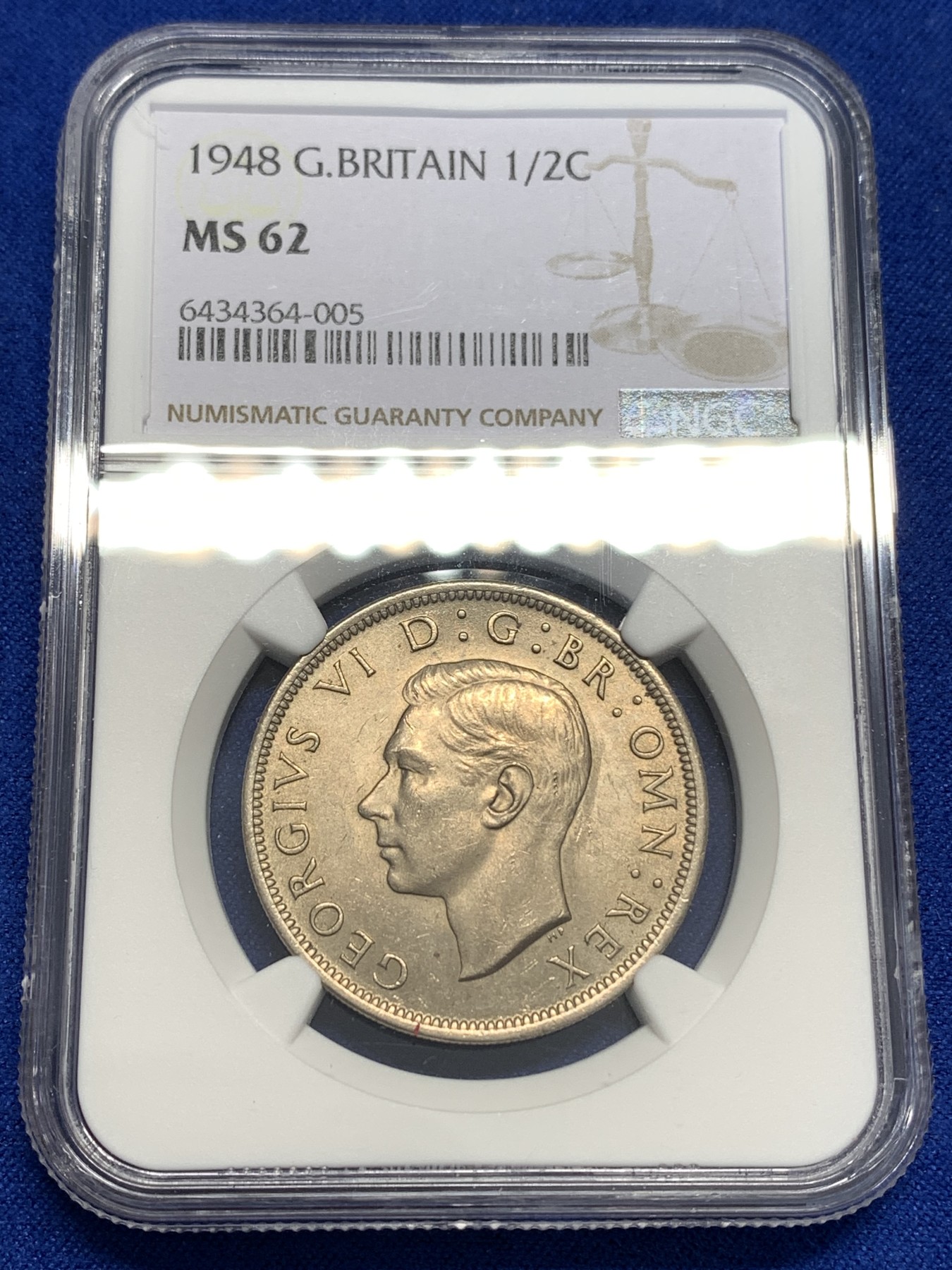 《竞宝斋》第179场-周日，周一2场 (全场包邮) NGC-MS62 英国1948年乔治六世半克朗镍币