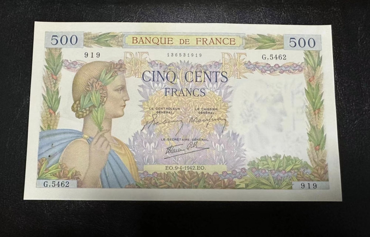 【Blue Auction】✨世界纸币精拍第341期——周日畅拍场 【919倒置号】法国 1942年500法郎 UNC- 有针孔