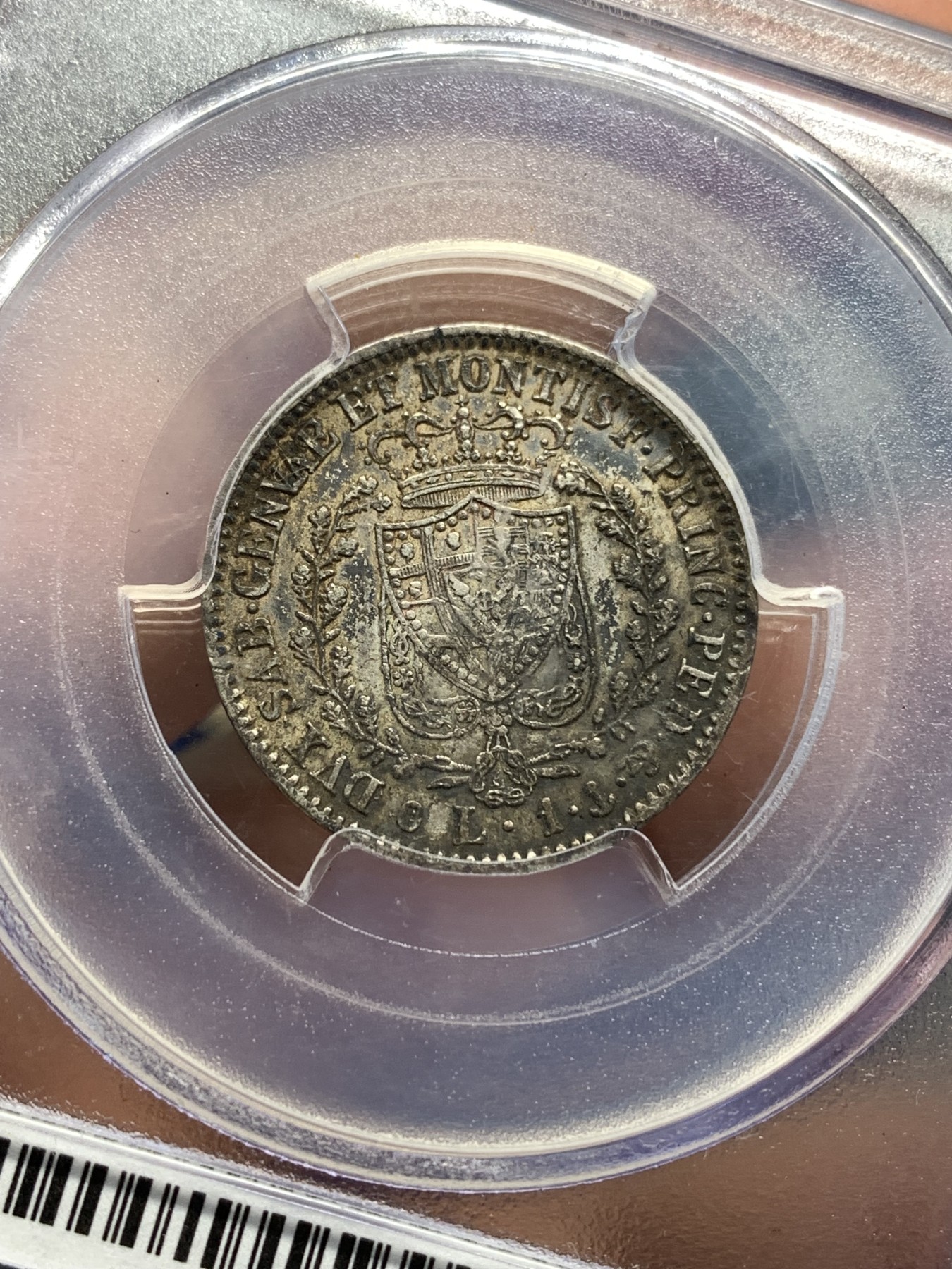 《竞宝斋》第179场-周日，周一2场 (全场包邮) 唯一冠军分 PCGS XF40 意大利 1828年 撒丁王国卡洛费利切1里拉 黑漆古包浆 小面值极少