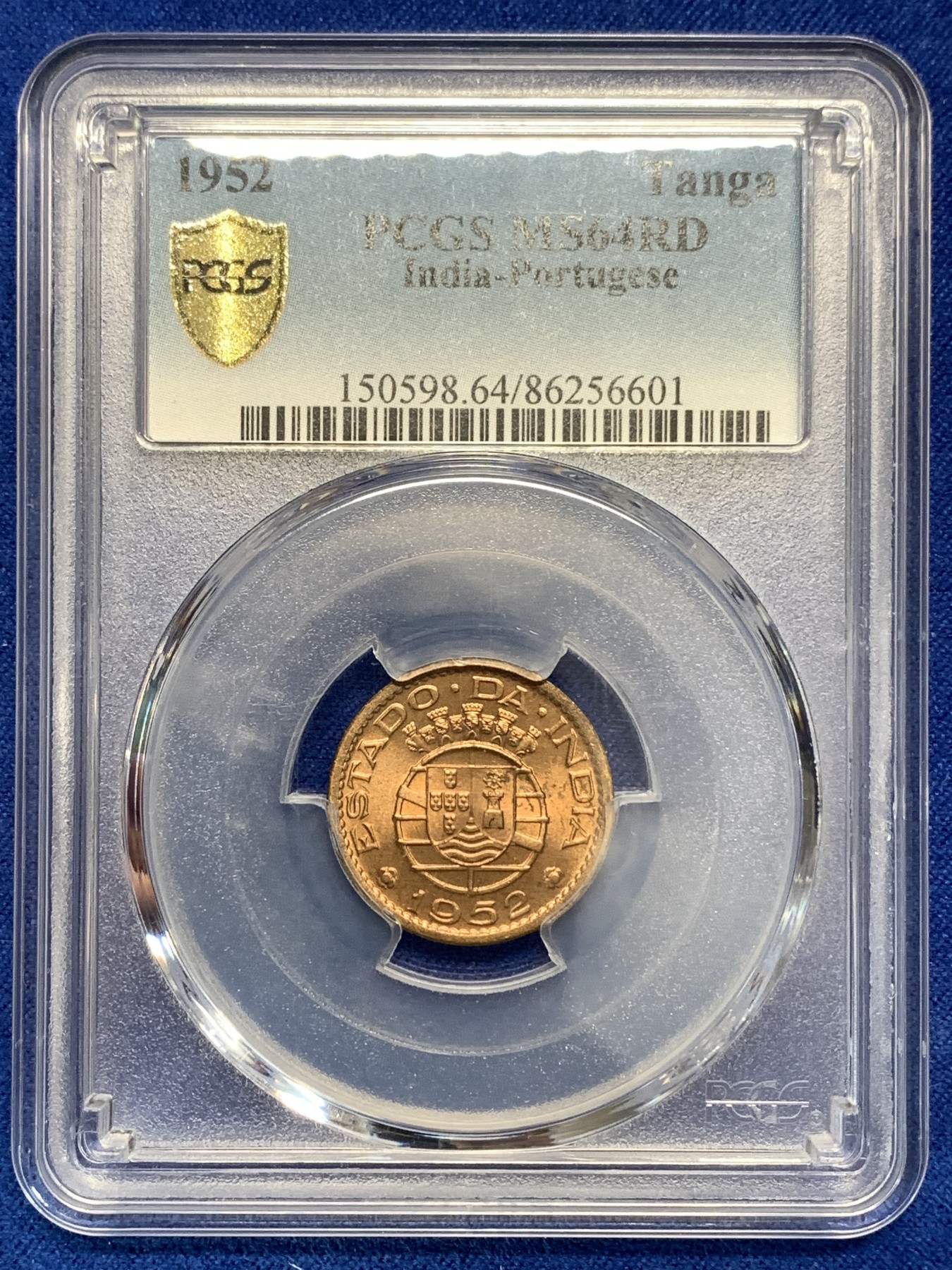 《竞宝斋》第179场-周日，周一2场 (全场包邮) 亚军分 PCGS-MS64RD 1952年葡属印度1Tanga铜币（原光RD状态难得）