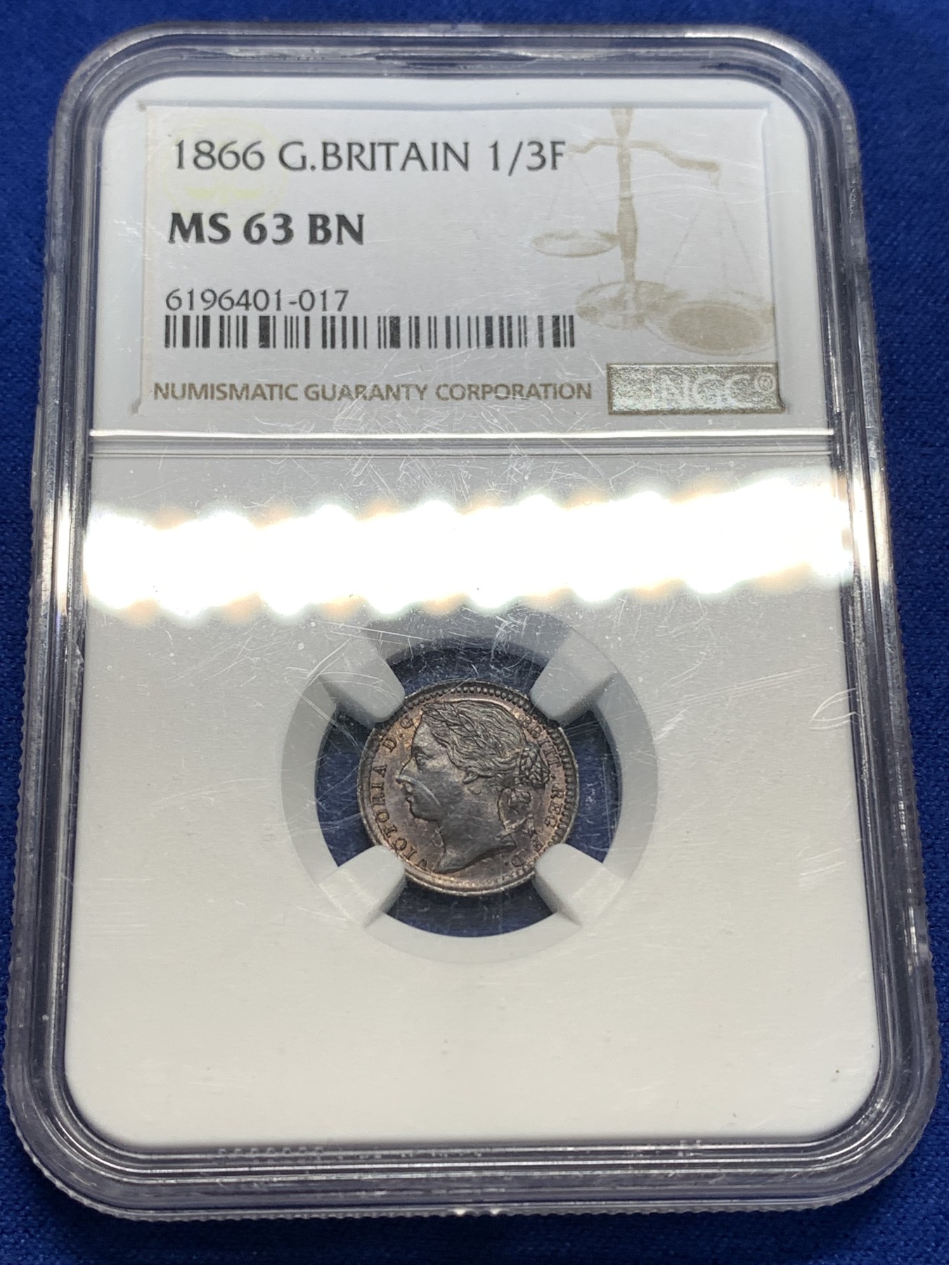 《竞宝斋》第179场-周日，周一2场 (全场包邮) NGC MS63BN 英国1866维多利亚1/3法新铜币 书价高