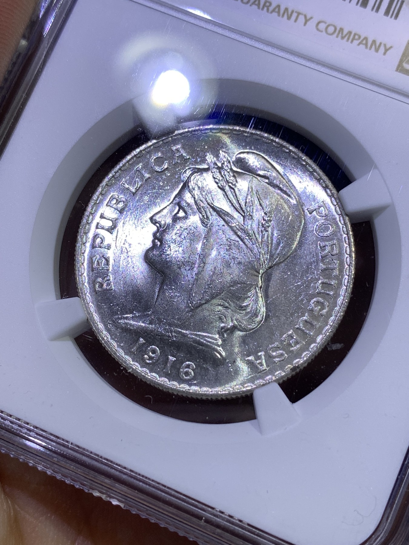 《竞宝斋》第179场-周日，周一2场 (全场包邮) NGC-MS62 葡萄牙1916年 女神头像 半圆银币 顶级原光好品