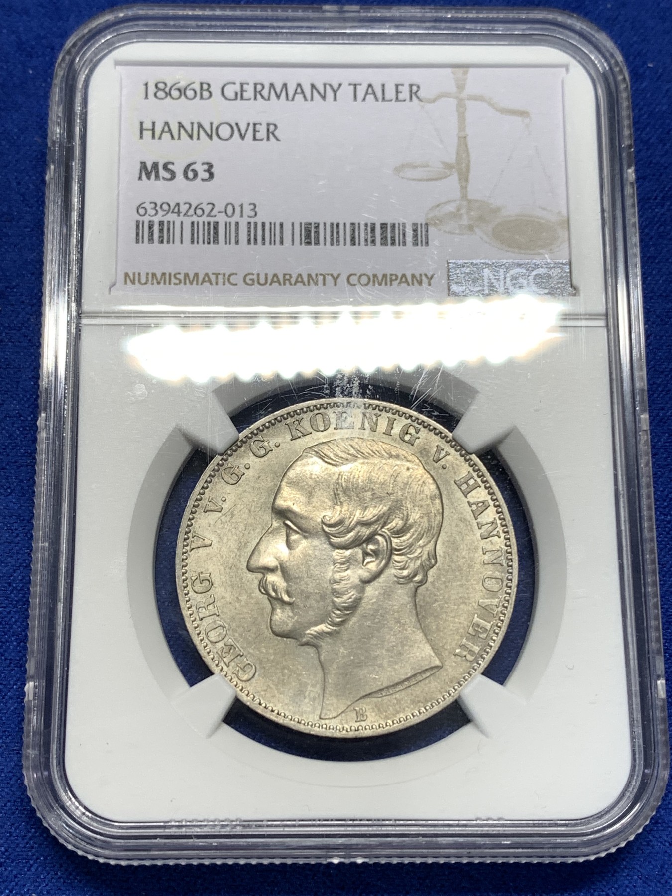 《竞宝斋》第179场-周日，周一2场 (全场包邮) NGCMS63 德国1866年汉诺威 双师泰勒银币 高分细节好
