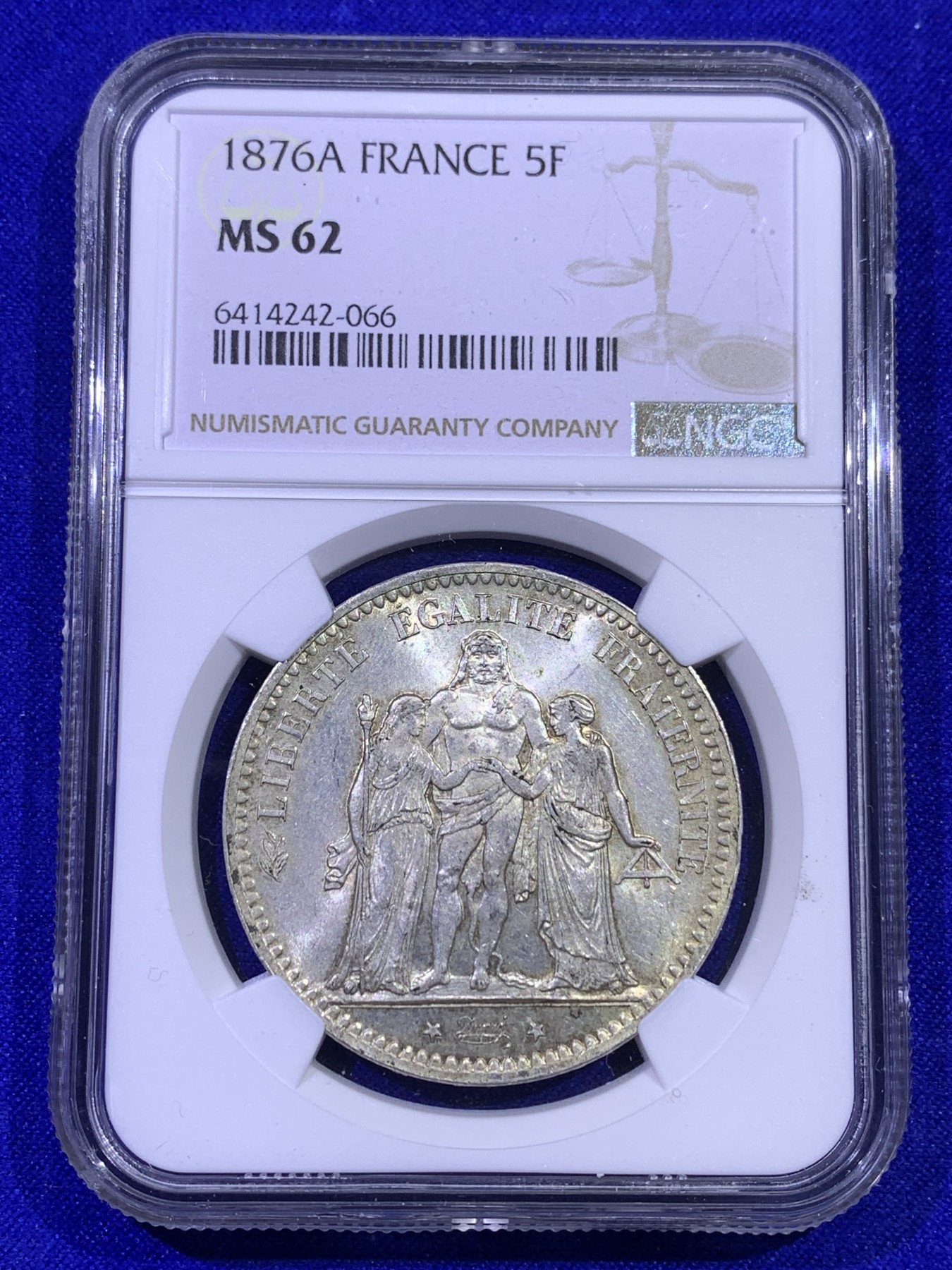 《竞宝斋》第179场-周日，周一2场 (全场包邮) NGC MS62 法国 1876年 大力神 5法郎银币 稀少年份 MS非常难得