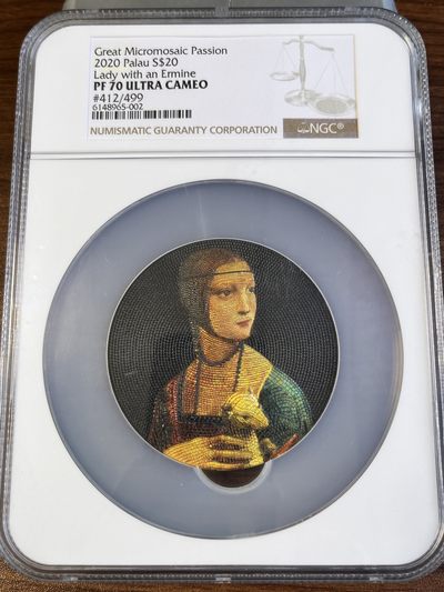 【海寕潮】拍卖第七十三期 - 【海寧潮B】帕劳2020年马赛克系列4抱貂的女人3盎司彩色银币NGC-PF70原盒证原价6600