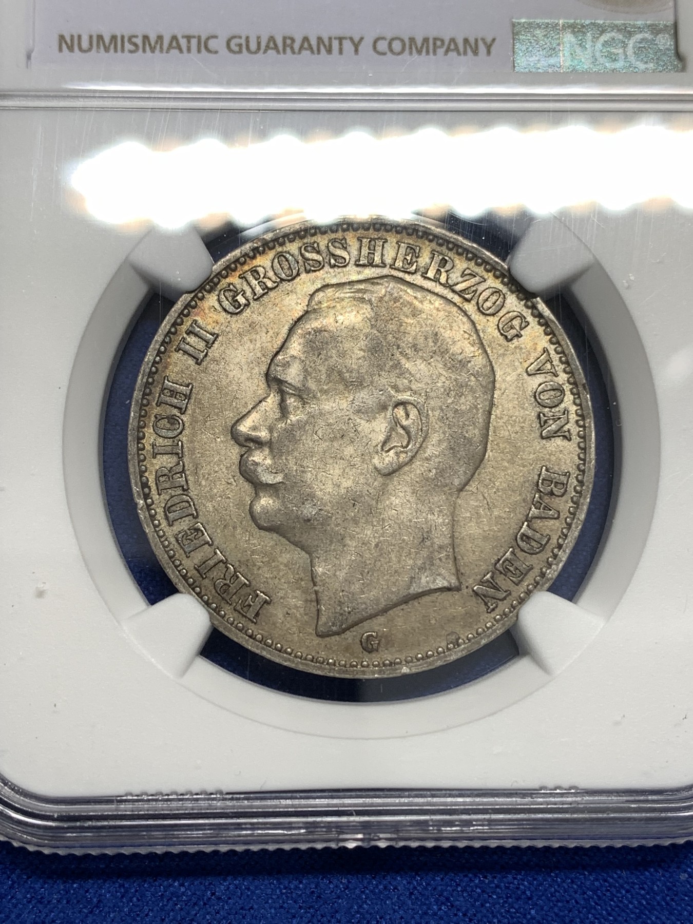 《竞宝斋》第179场-周日，周一2场 (全场包邮) NGC AU58 德国 巴登 1912年 3马克 银币 包浆细节好