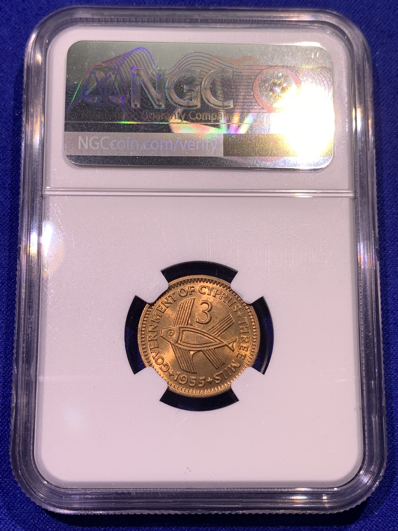 《竞宝斋》第179场-周日，周一2场 (全场包邮) NGC-MS65 塞浦路斯 1955年 伊丽萨白女王 背面是小鱼 3M铜币 少见辅币分好