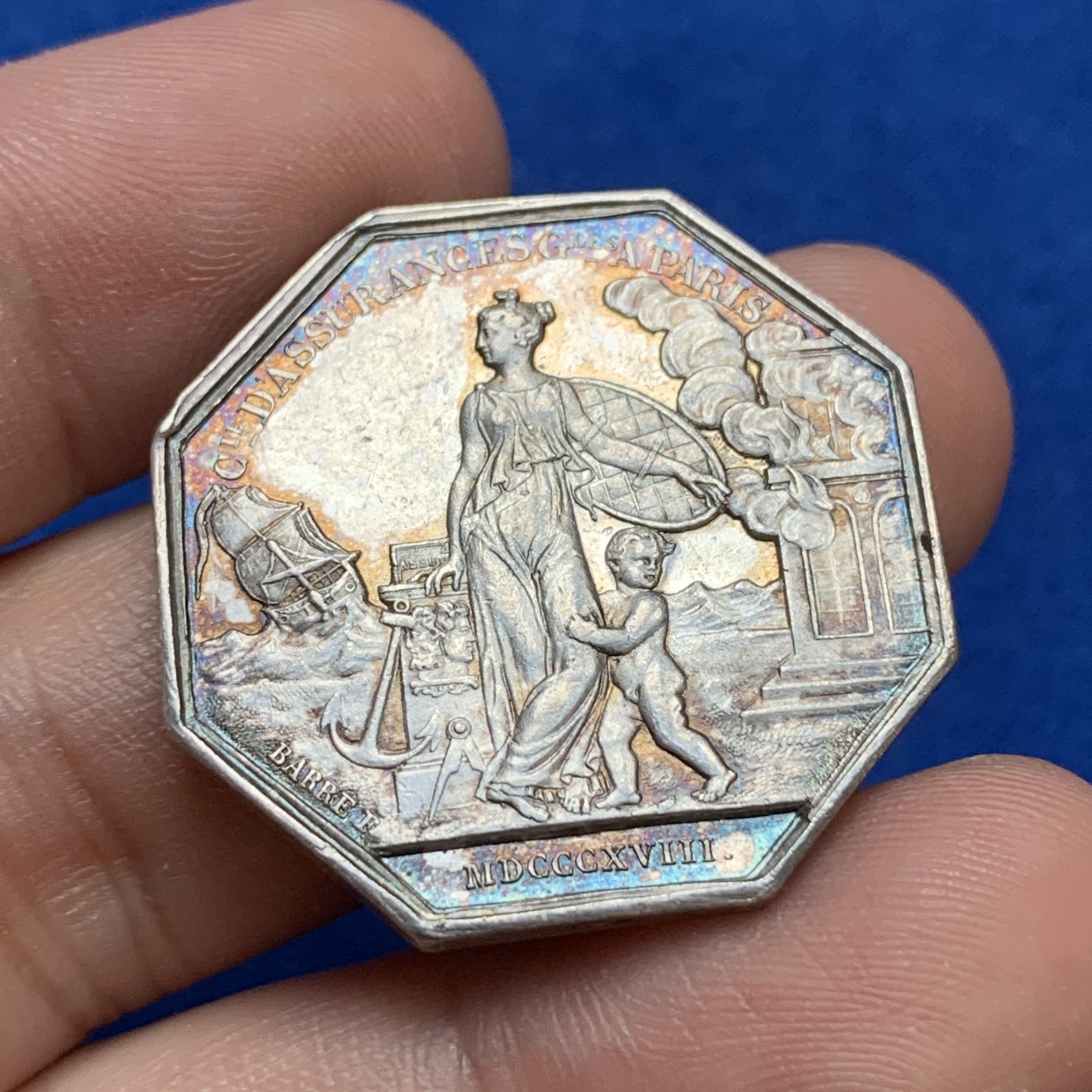 《竞宝斋》第179场-周日，周一2场 (全场包邮) 法国 路易十八火灾保险 JETON银质八角代币 13.8g 30.6mm