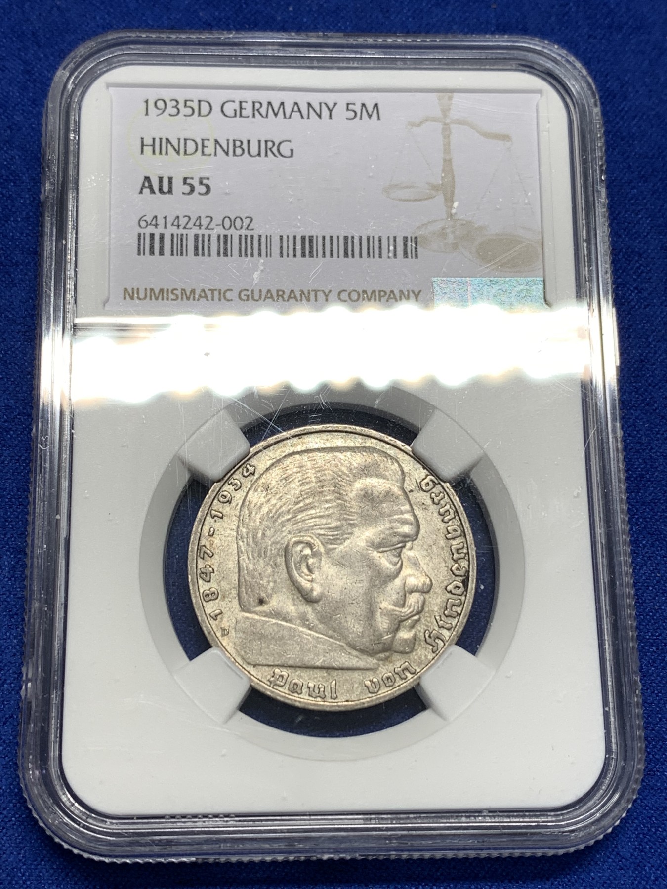 《竞宝斋》第179场-周日，周一2场 (全场包邮) NGC AU55 德国 1935年 D版 兴登堡 5马克 银币