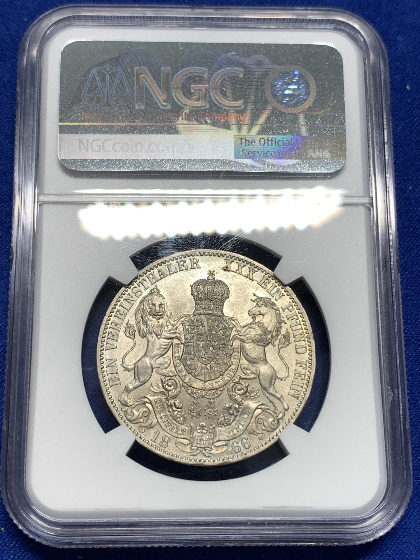 《竞宝斋》第179场-周日，周一2场 (全场包邮) NGCMS63 德国1866年汉诺威 双师泰勒银币 高分细节好